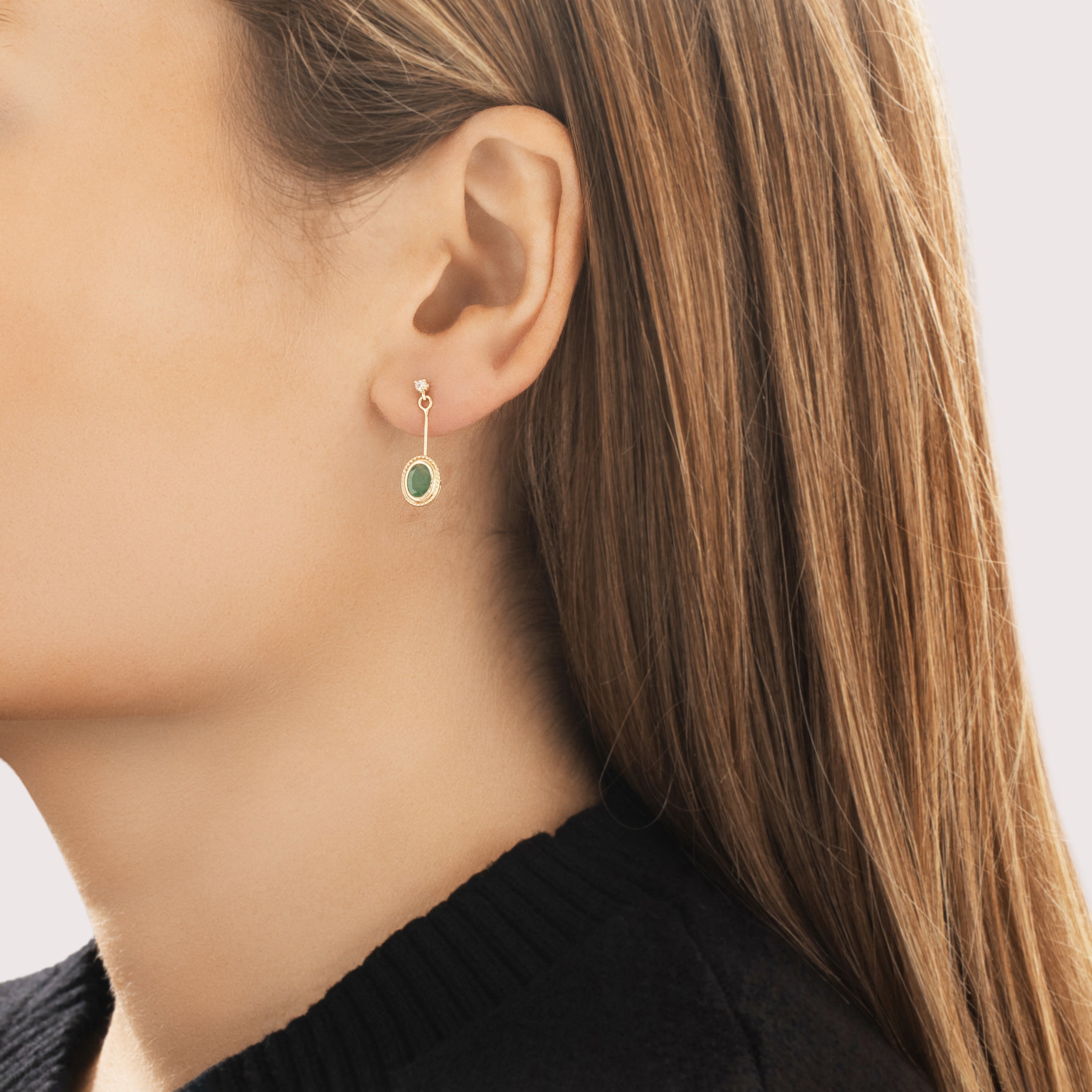 Vintage 14k Yellow Gold .82cttw Emerald Diamond Classic Rope-Framed Dangle Earrings - On model view