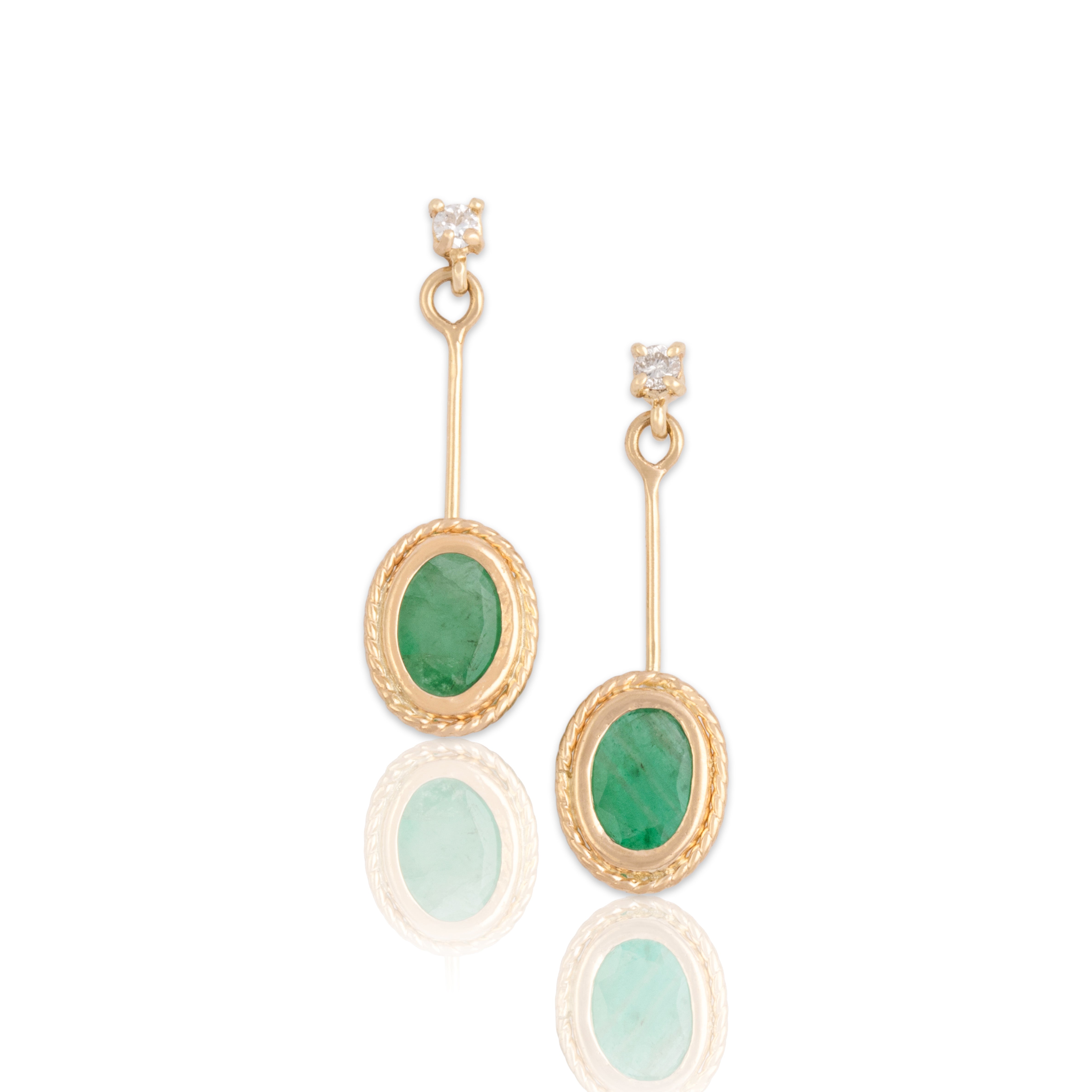 Vintage 14k Yellow Gold .82cttw Emerald Diamond Rope-Framed Dangle Earrings