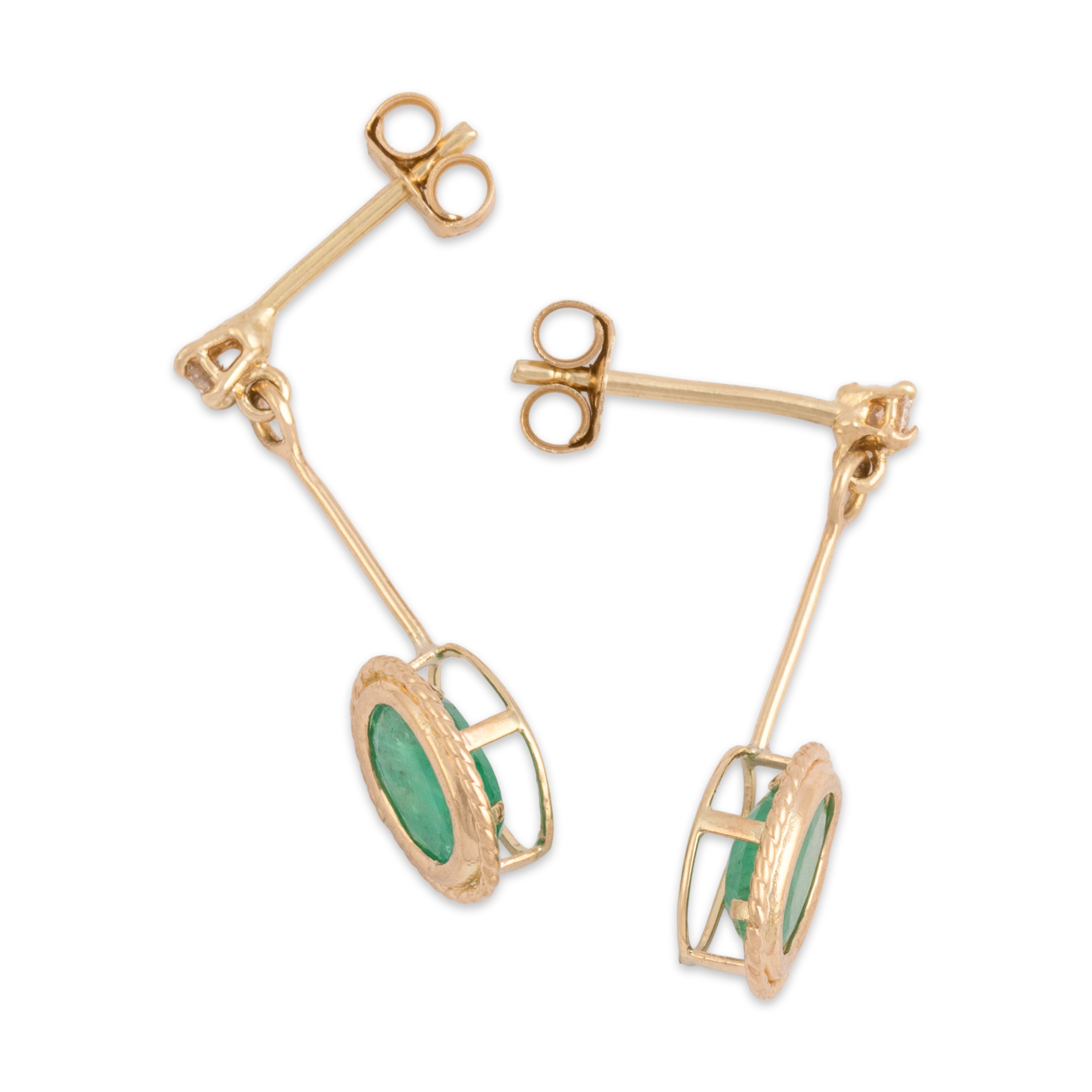 Vintage 14k Yellow Gold .82cttw Emerald Diamond Rope-Framed Dangle Earrings