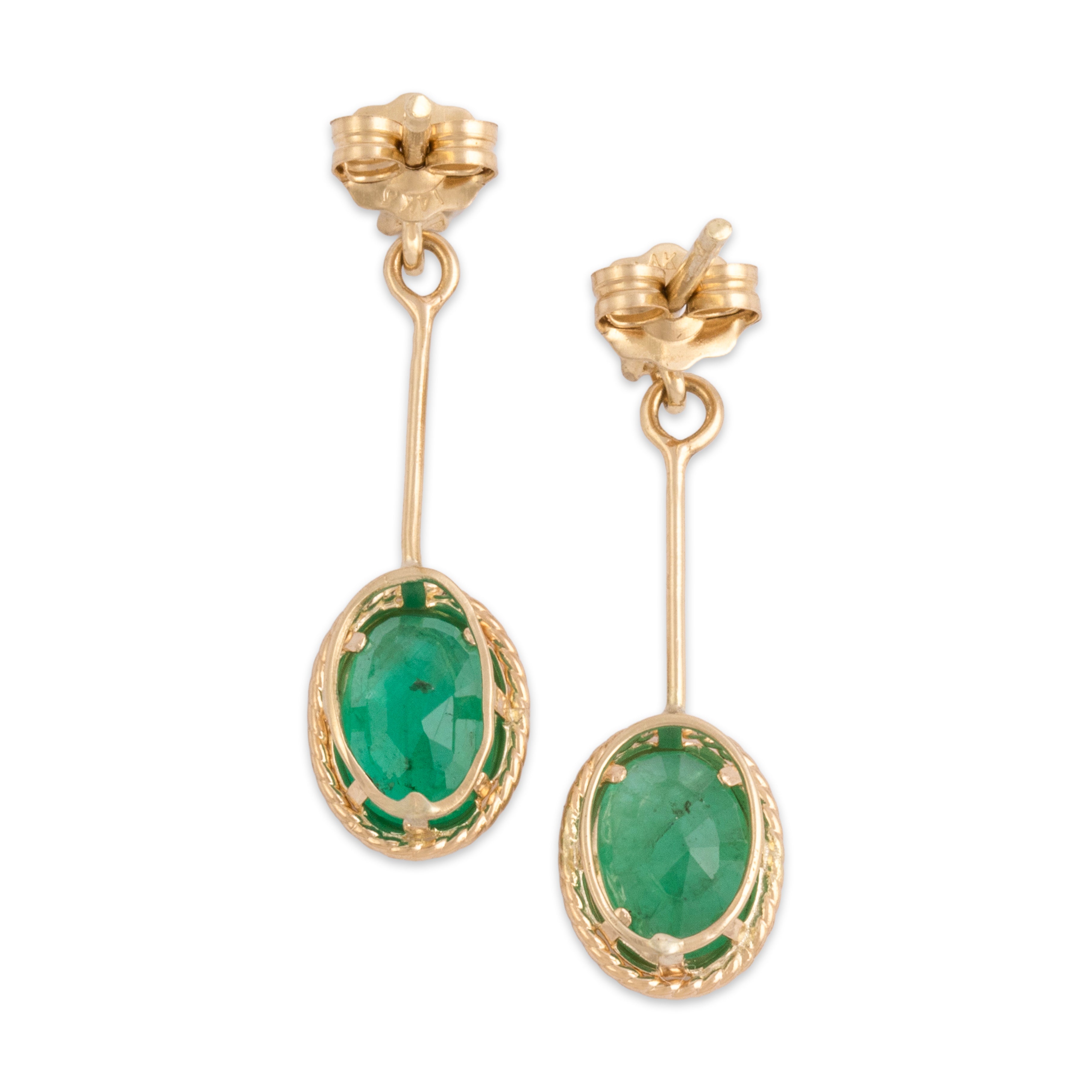 Vintage 14k Yellow Gold .82cttw Emerald Diamond Classic Rope-Framed Dangle Earrings - Back view