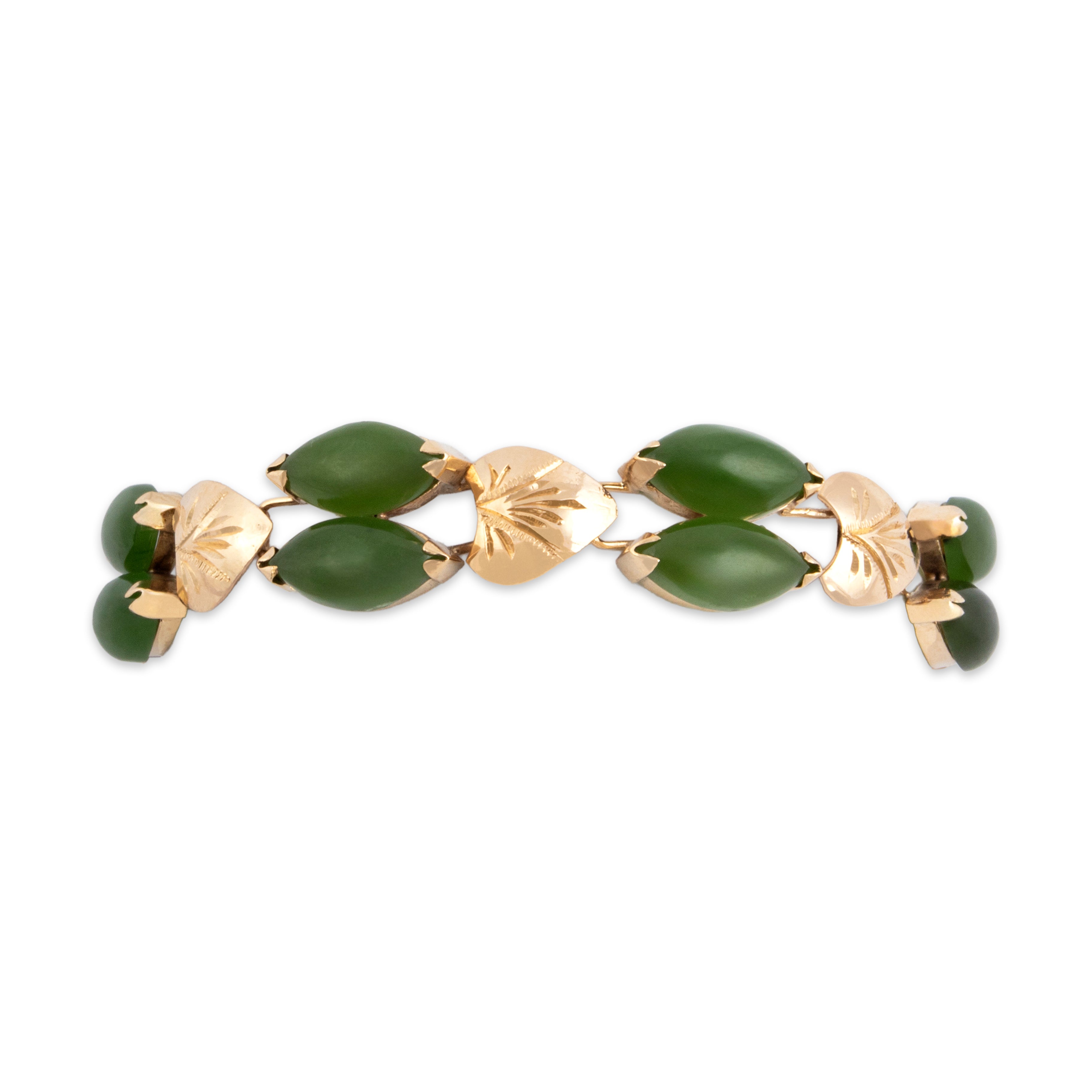 Vintage 14k Yellow Gold 22.69cttw Jade Gleaming Marquise Leaf Link Bracelet - Close-up view
