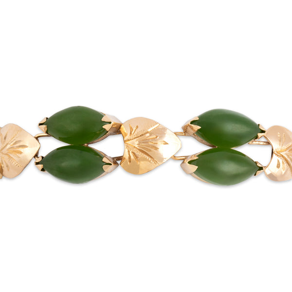 Vintage 14k Yellow Gold 22.69cttw Jade Gleaming Marquise Leaf Link Bracelet 6.5