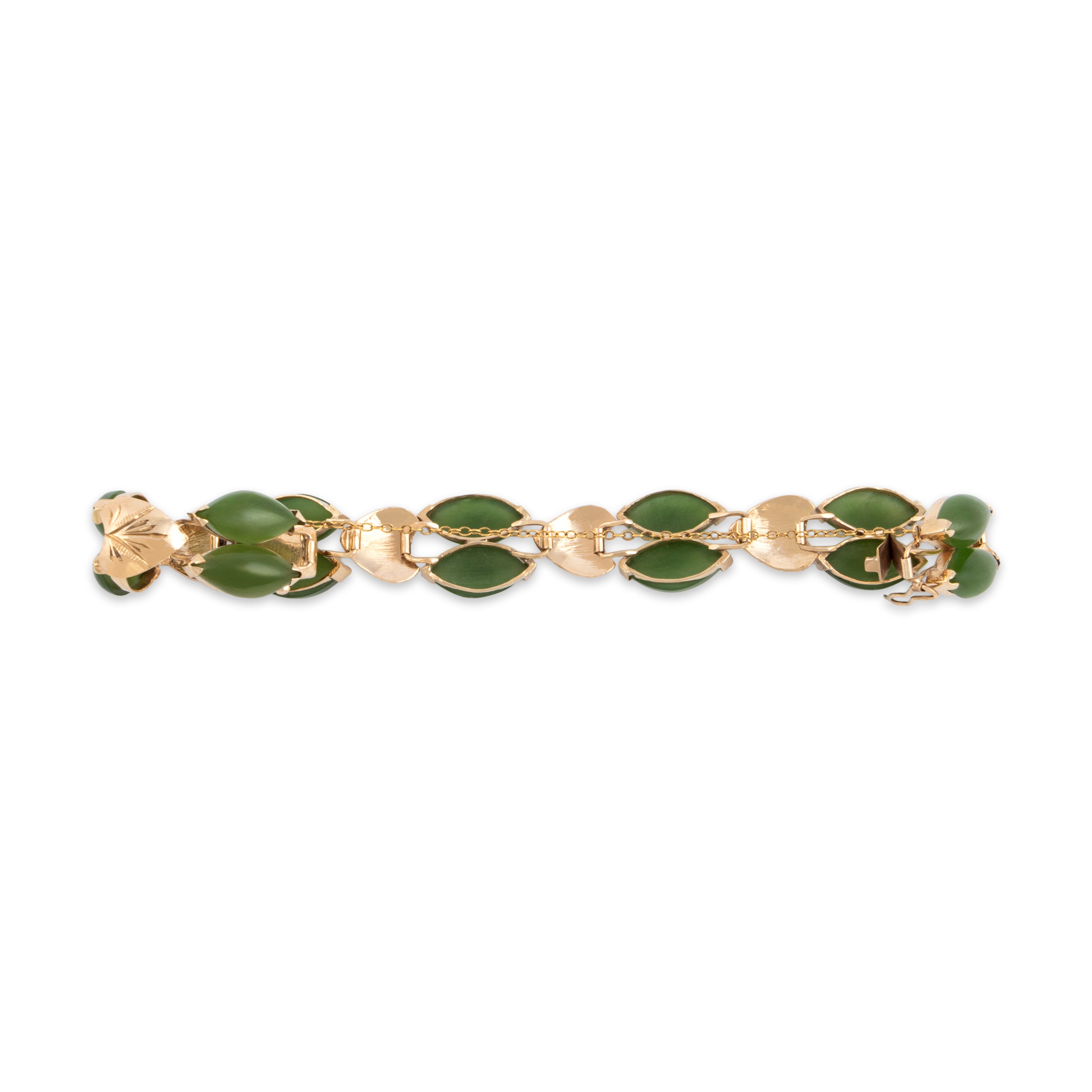 Vintage 14k Yellow Gold 22.69cttw Jade Gleaming Marquise Leaf Link Bracelet - Back view