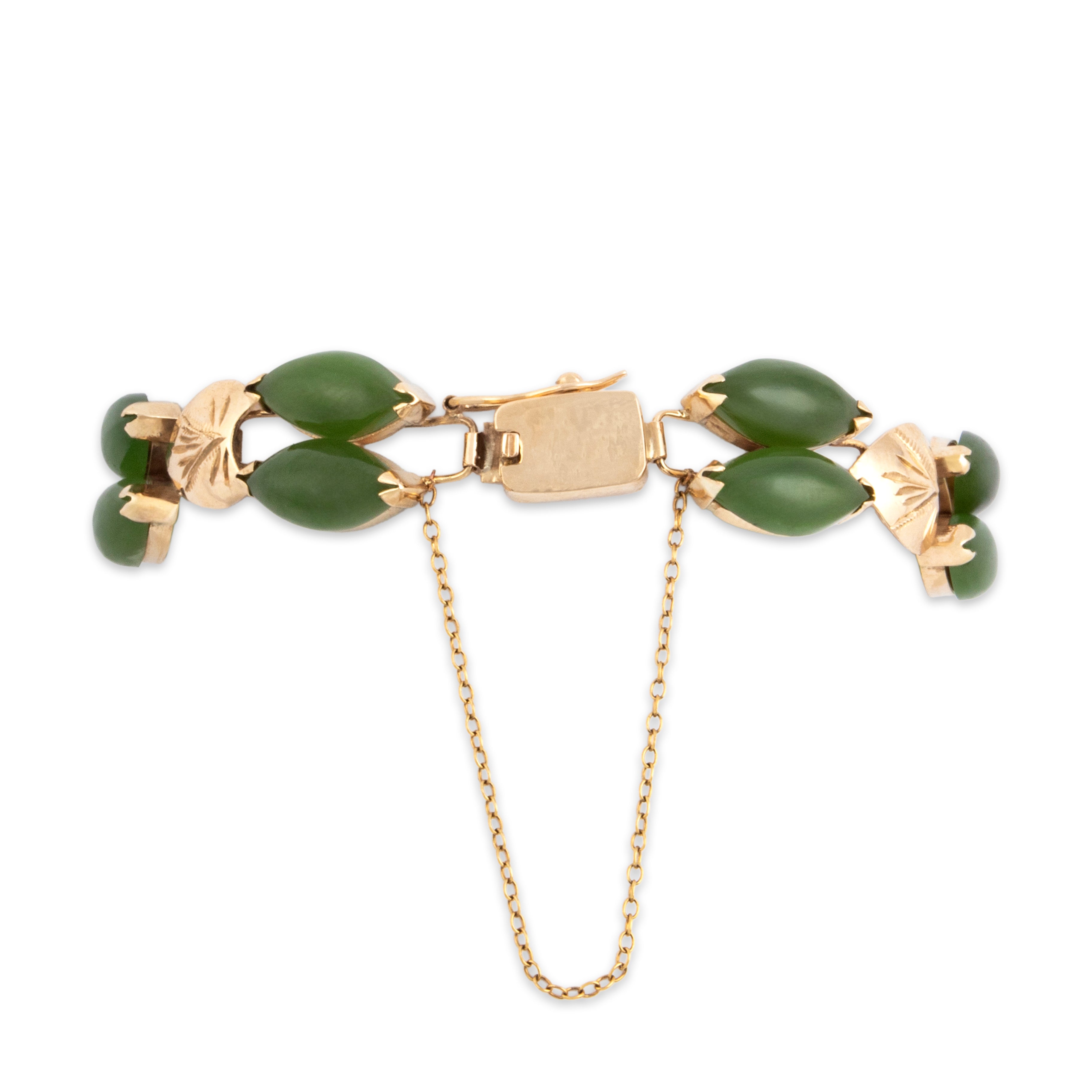 Vintage 14k Yellow Gold 22.69cttw Jade Gleaming Marquise Leaf Link Bracelet - detail view #1