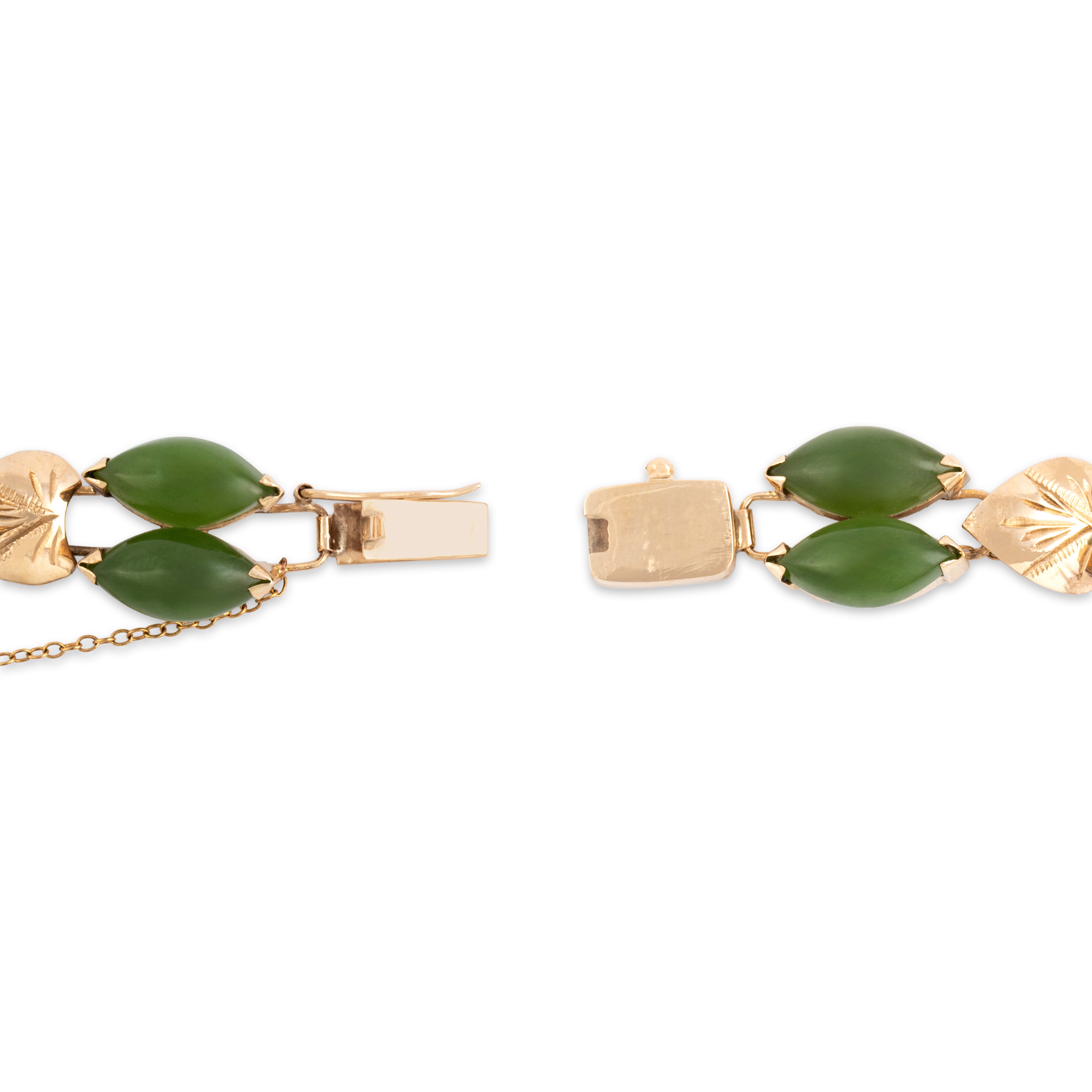 Vintage 14k Yellow Gold 22.69cttw Jade Gleaming Marquise Leaf Link Bracelet - clasp view