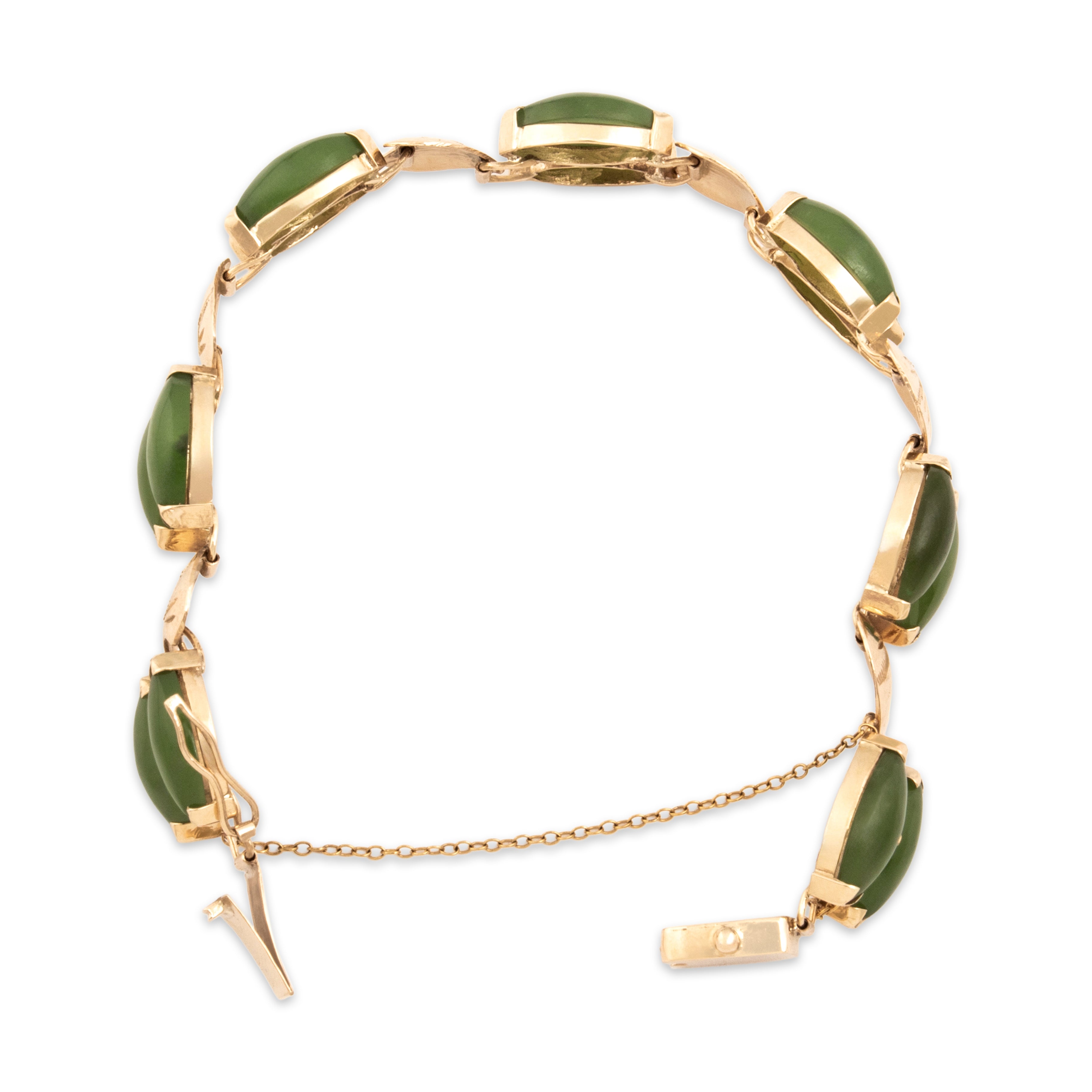 Vintage 14k Yellow Gold 22.69cttw Jade Gleaming Marquise Leaf Link Bracelet 6.5