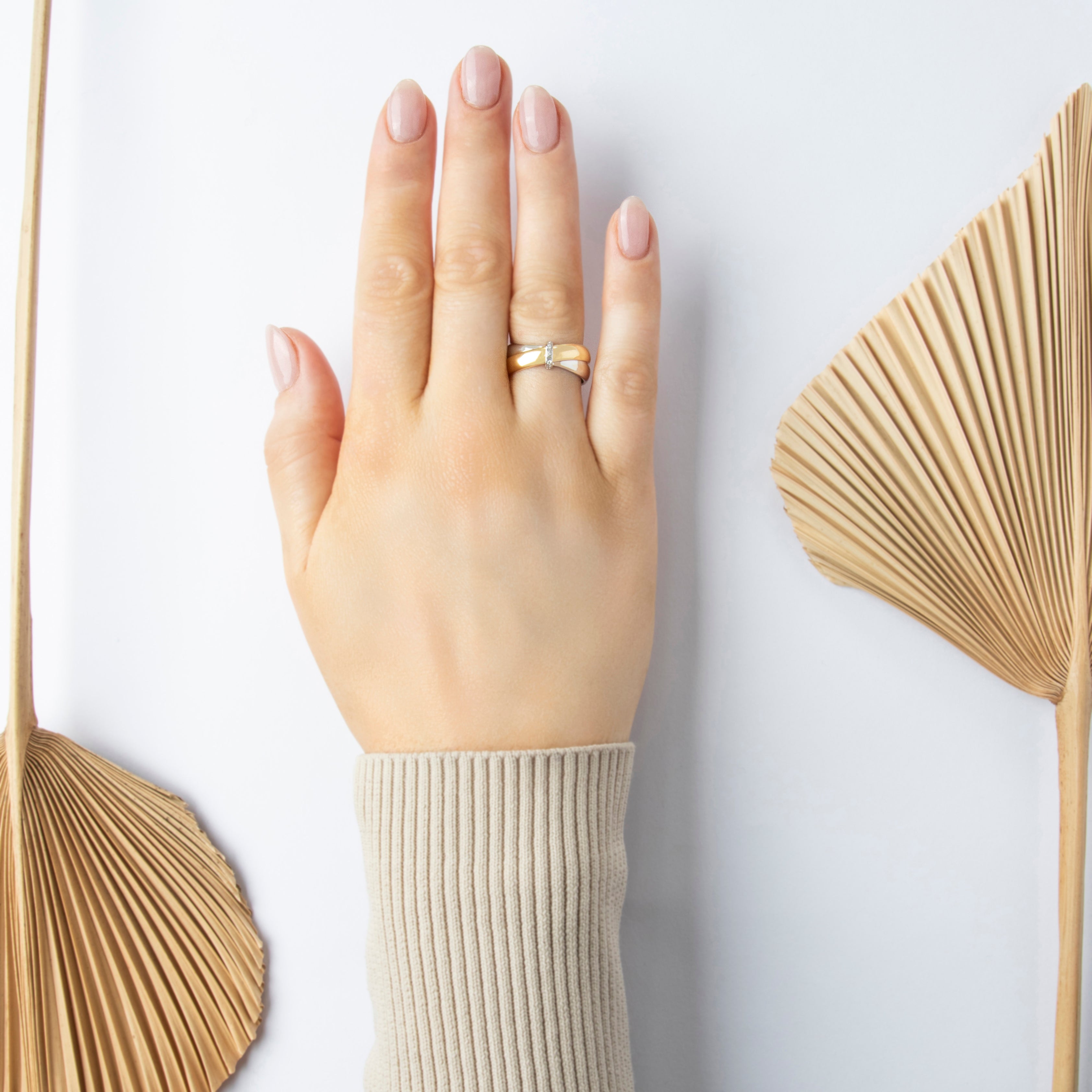 Vintage Italian 18k Yellow & White Gold Diamond Criss Cross Ring - On model view