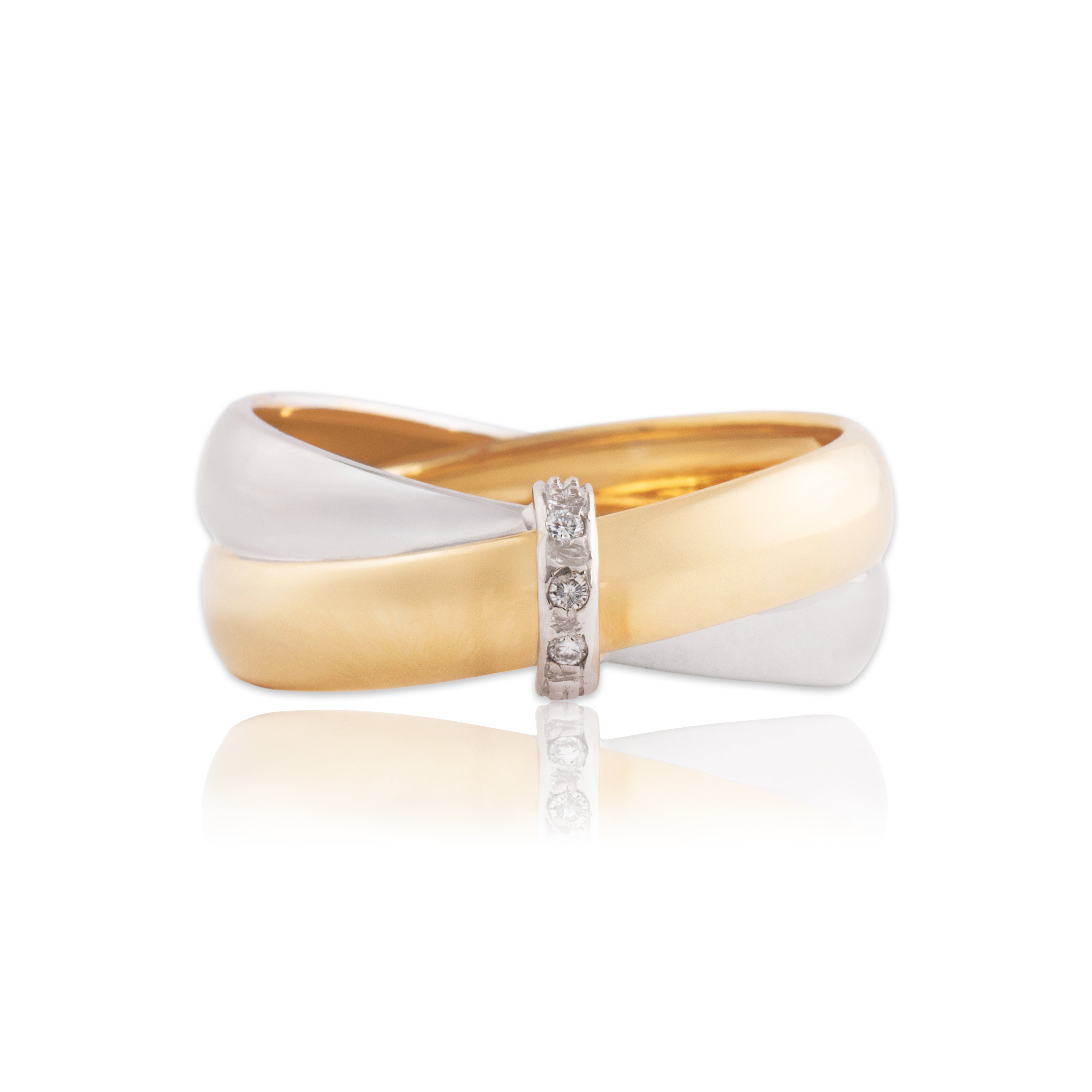 Vintage Italian 18k Yellow & White Gold Diamond Criss Cross Ring - Close-up view
