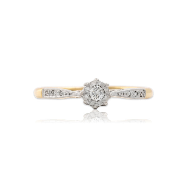 Vintage 18k Yellow Gold & Platinum Diamond Dainty Floral Set Ring 7.25