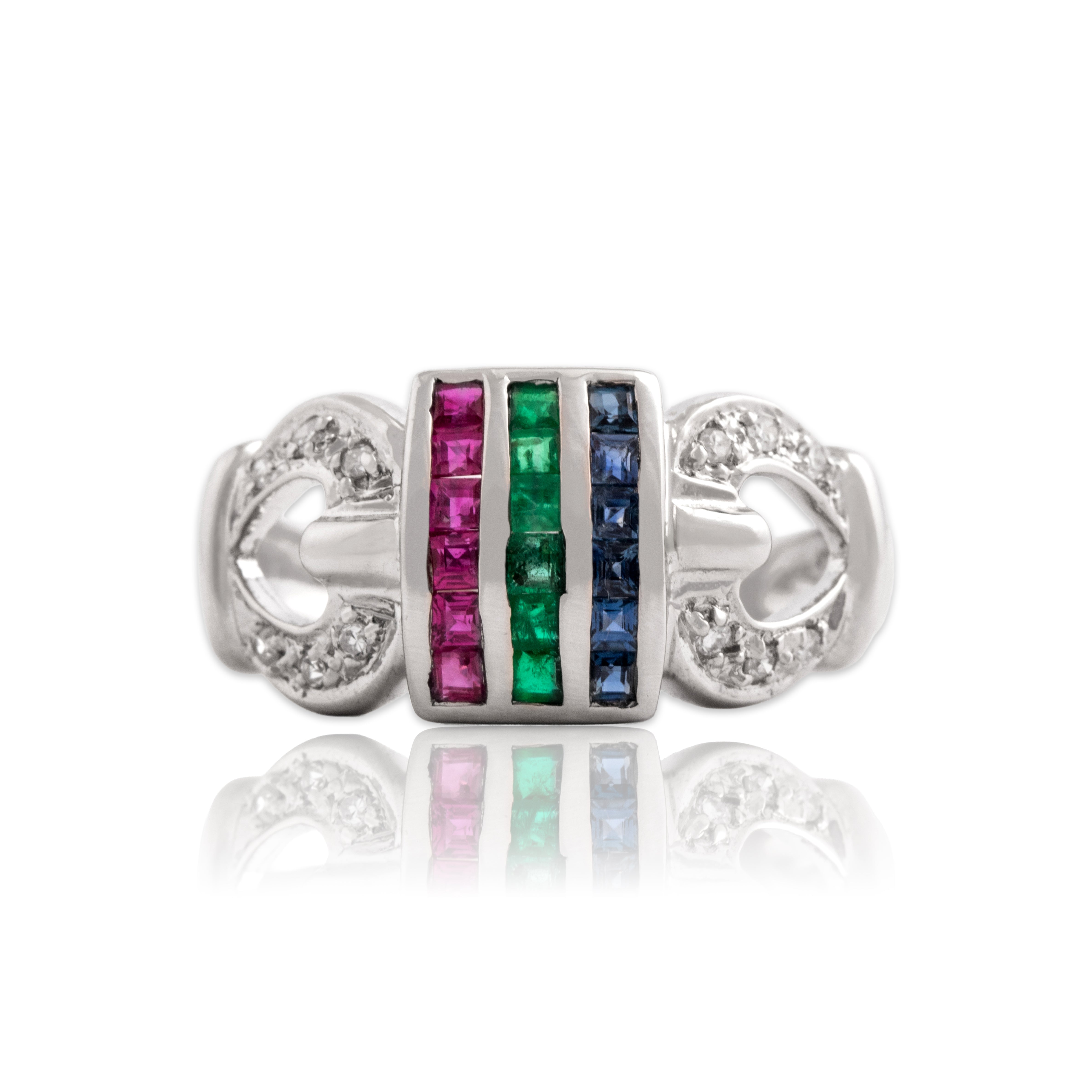Vintage 14k White Gold Blue Sapphire Ruby Emerald Diamond Accented Triple Channel Ring - Close-up view