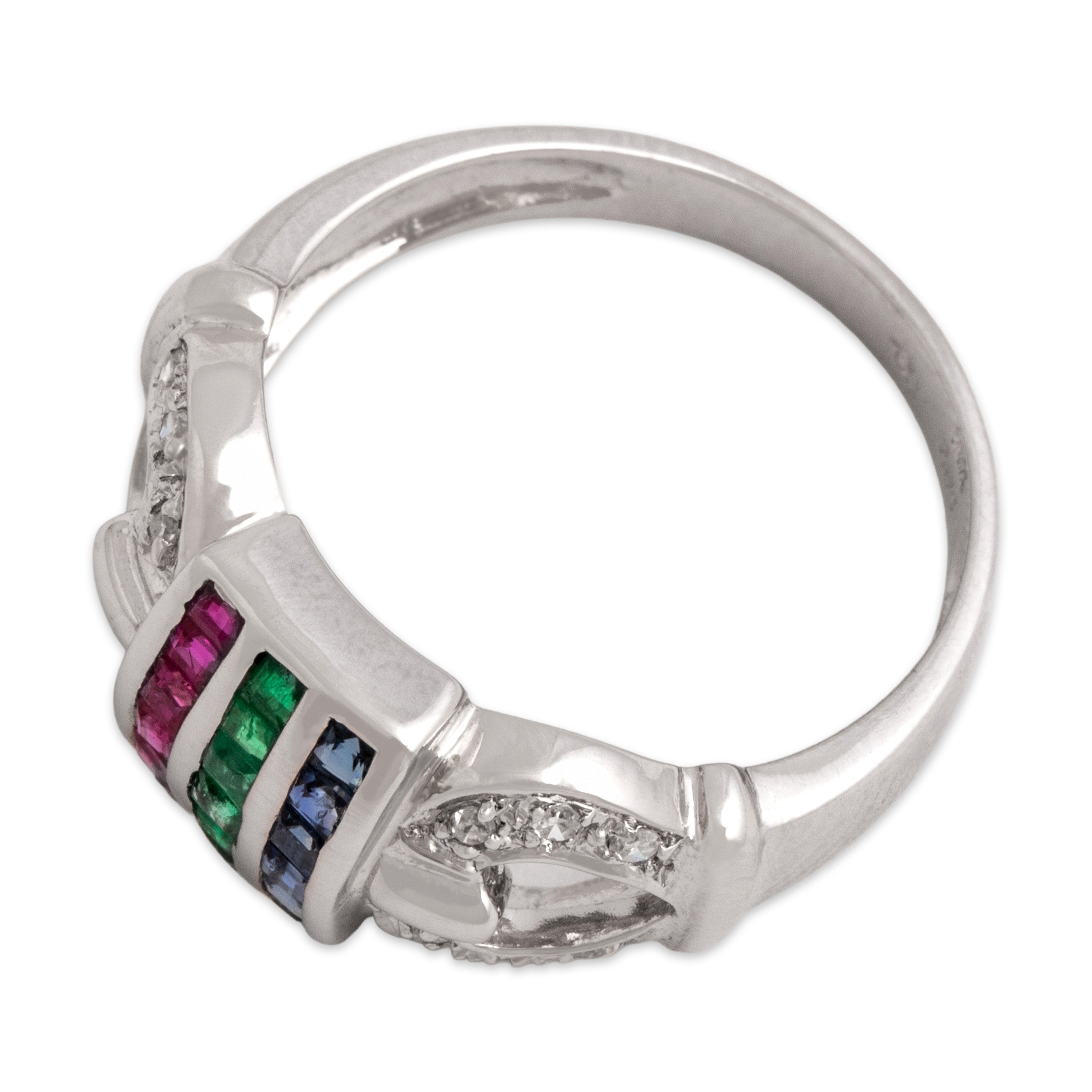 Vintage 14k White Gold Blue Sapphire Ruby Emerald Diamond Accented Triple Channel Ring - Overall view
