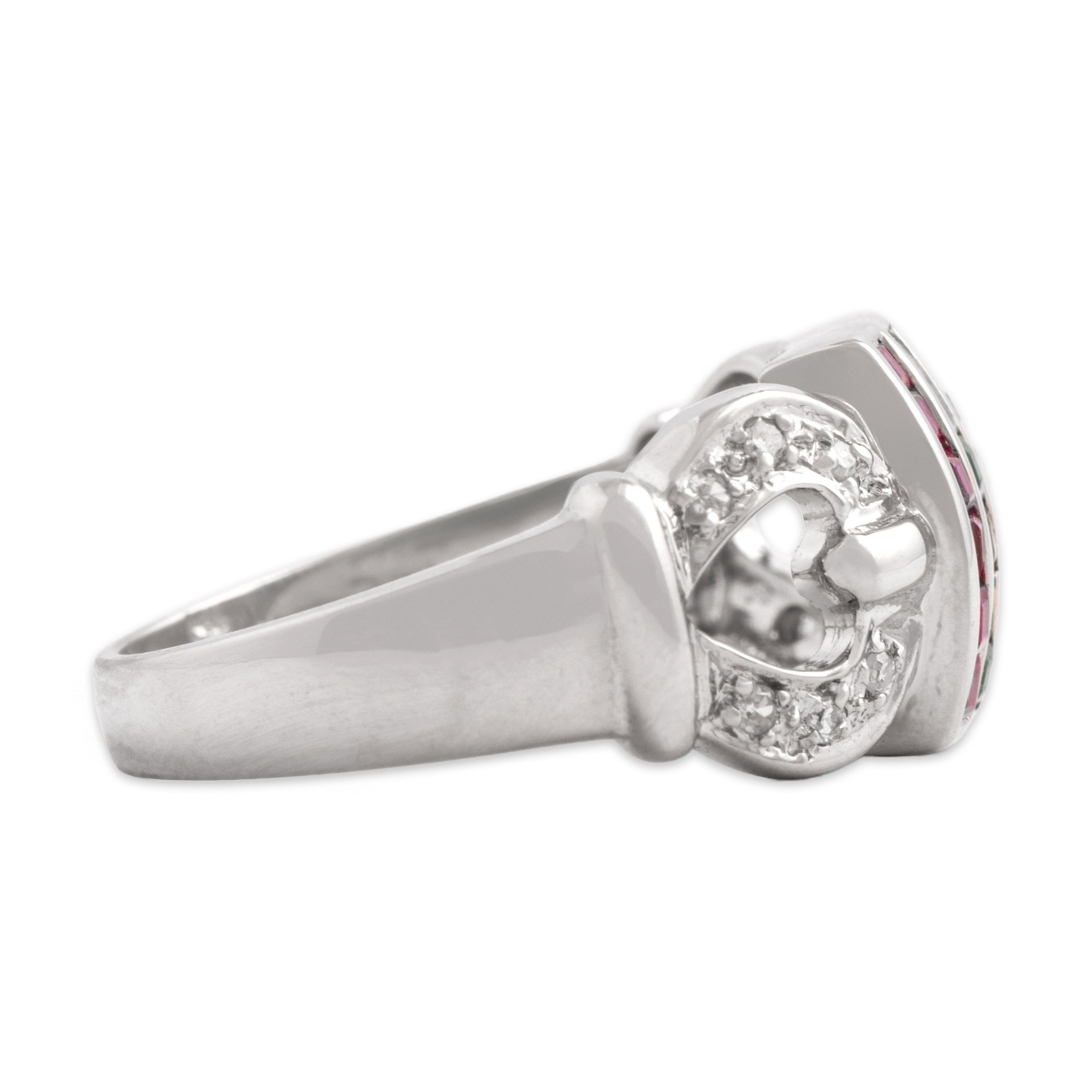 Vintage 14k White Gold Blue Sapphire Ruby Emerald Diamond Accented Triple Channel Ring - Side view