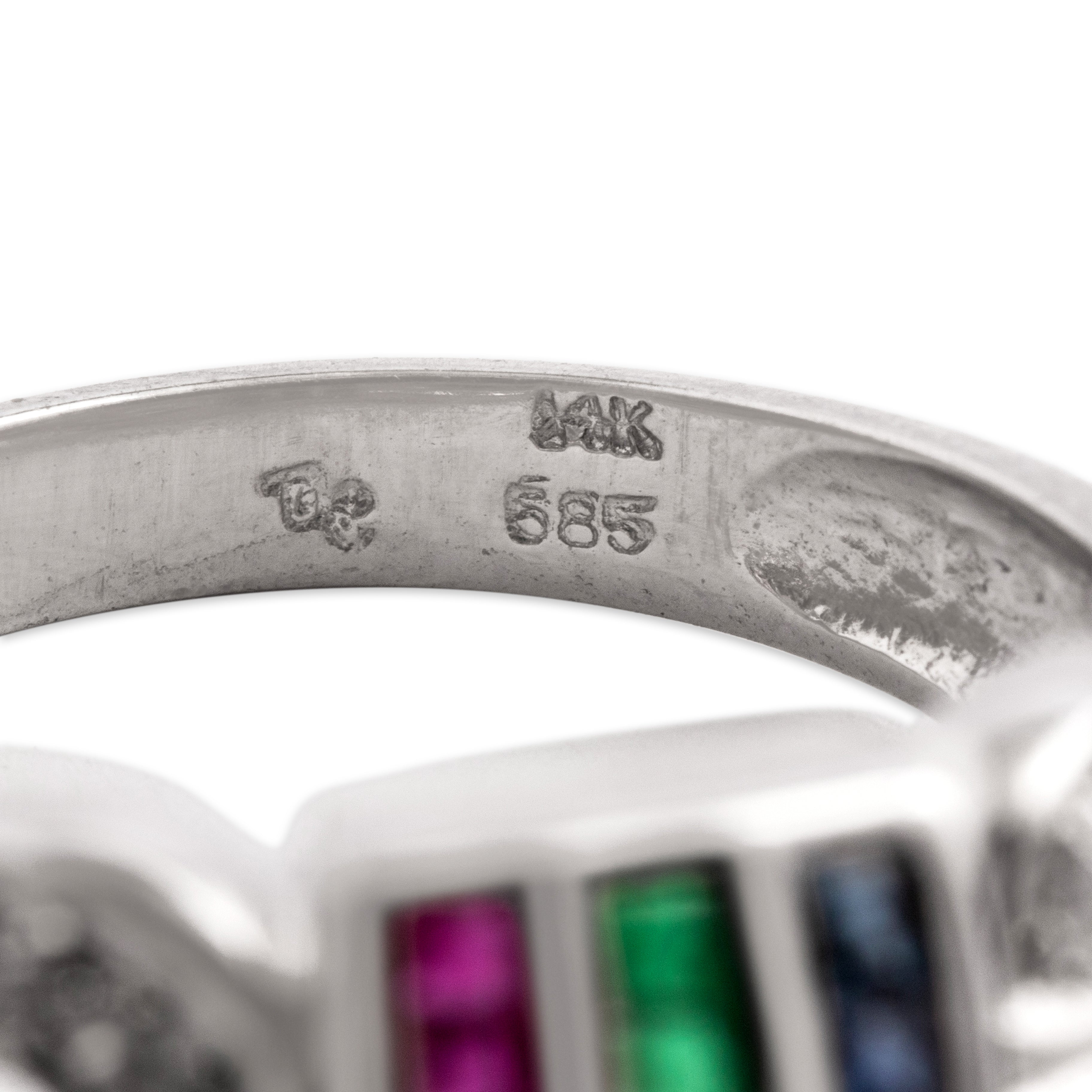 Vintage 14k White Gold Blue Sapphire Ruby Emerald Diamond Accented Triple Channel Ring - Hallmark view