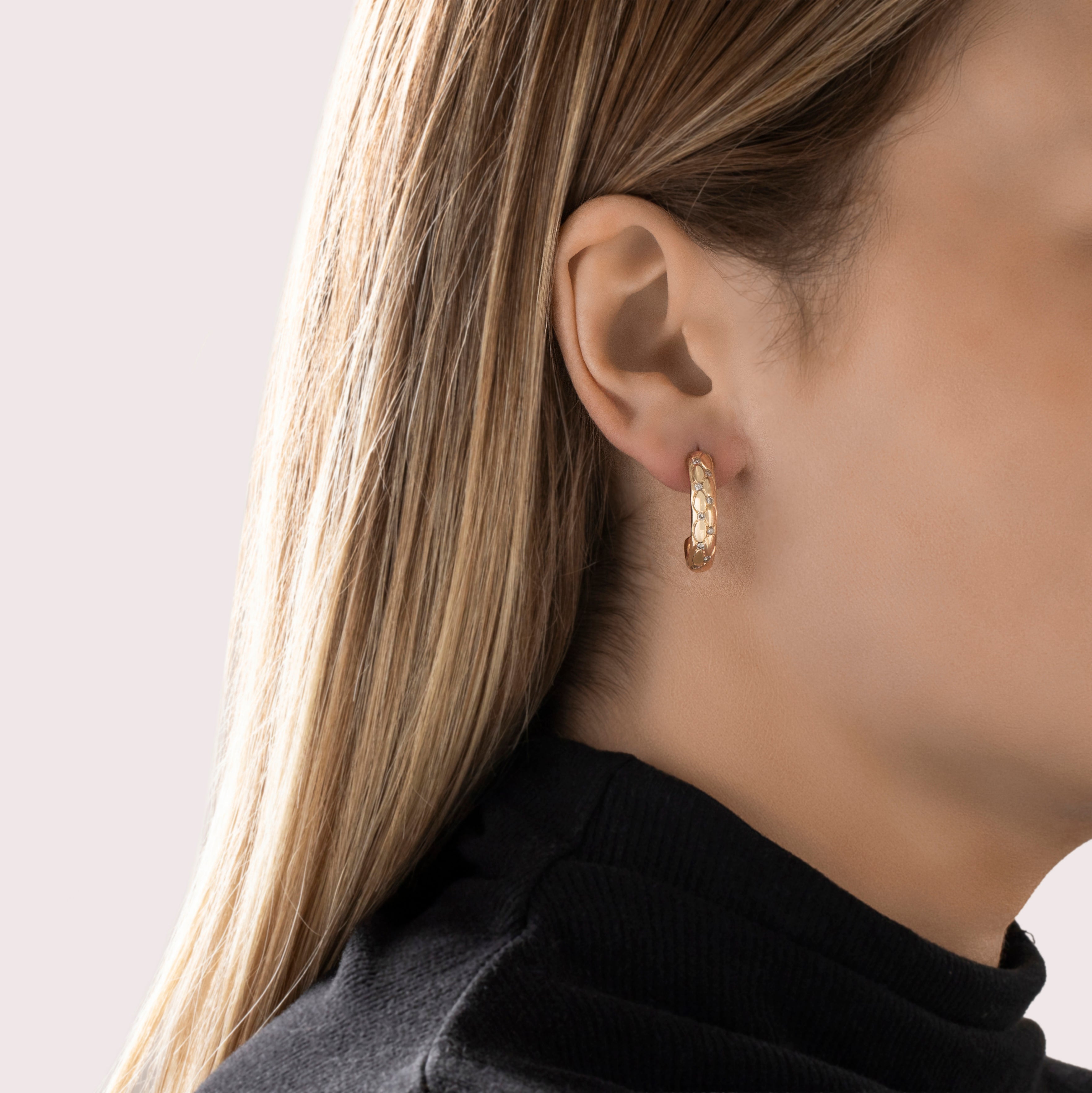 Vintage 14k Yellow Gold Diamond Textured Detail Hoop Earrings - On model view