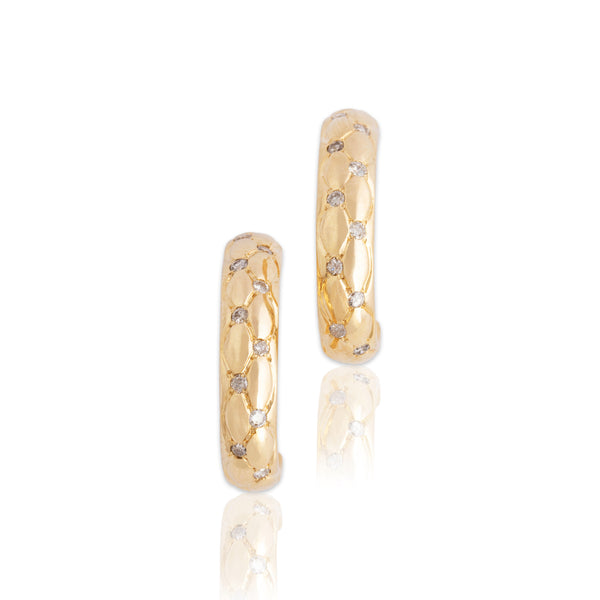 Vintage 14k Yellow Gold Diamond Sparkling Quilted Hoop Earrings