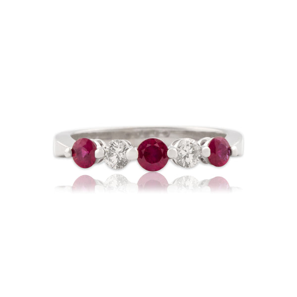 Vintage 14k White Gold Ruby Diamond Vibrant Sparkling Line Ring 6.75