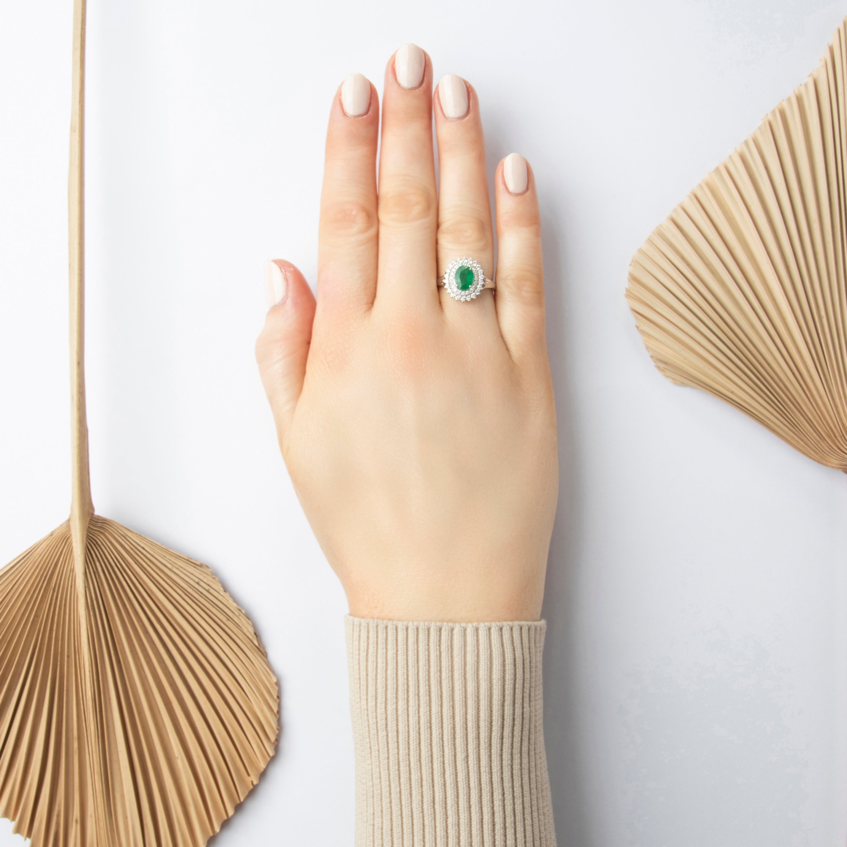 Vintage 18k White Gold Emerald Diamond Elegant Double Halo Cocktail Ring - On model view