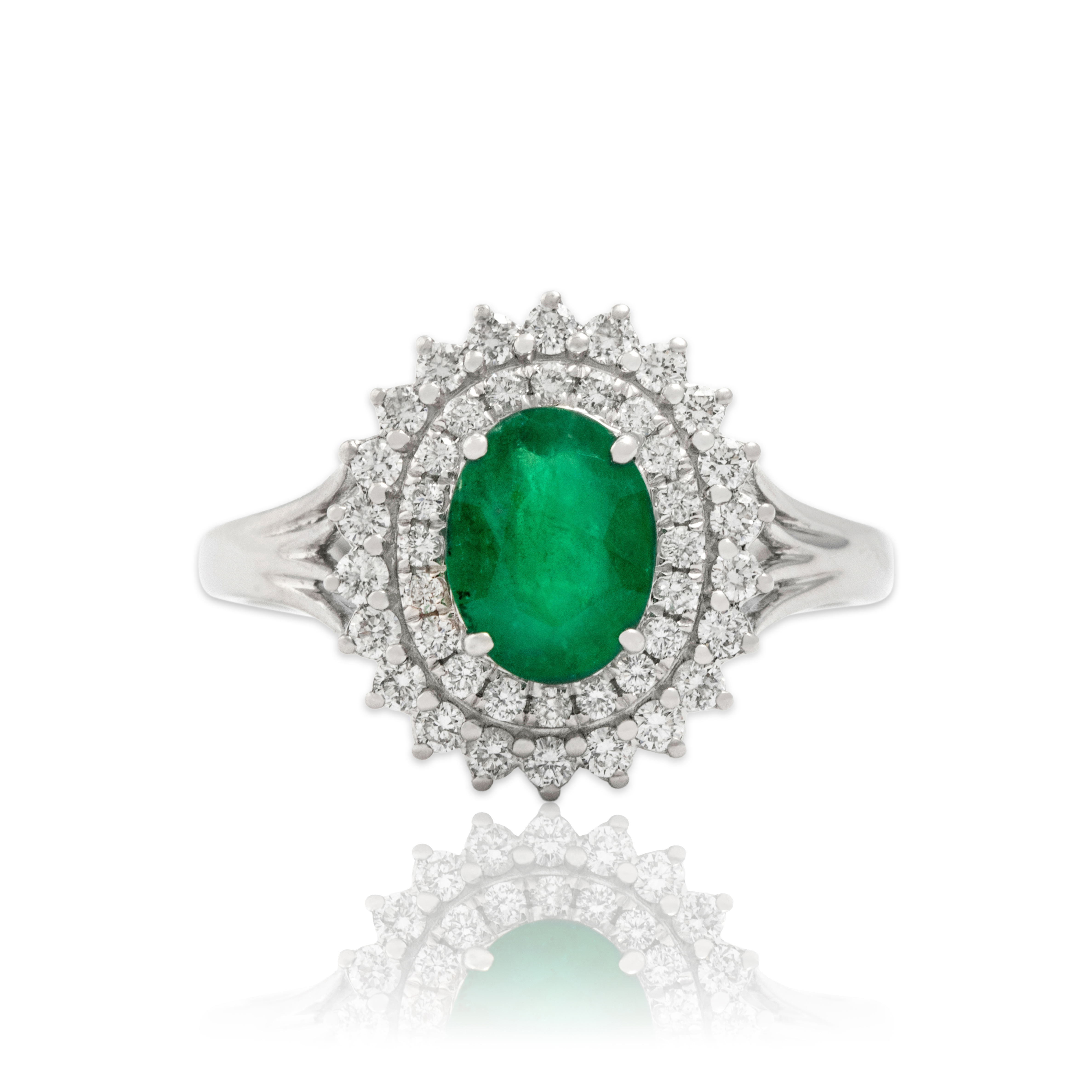 Vintage 18k White Gold .91ct Emerald Diamond Elegant Double Halo Ring 7.00