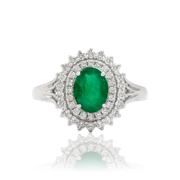 Vintage 18k White Gold .91ct Emerald Diamond Elegant Double Halo Ring 7.00