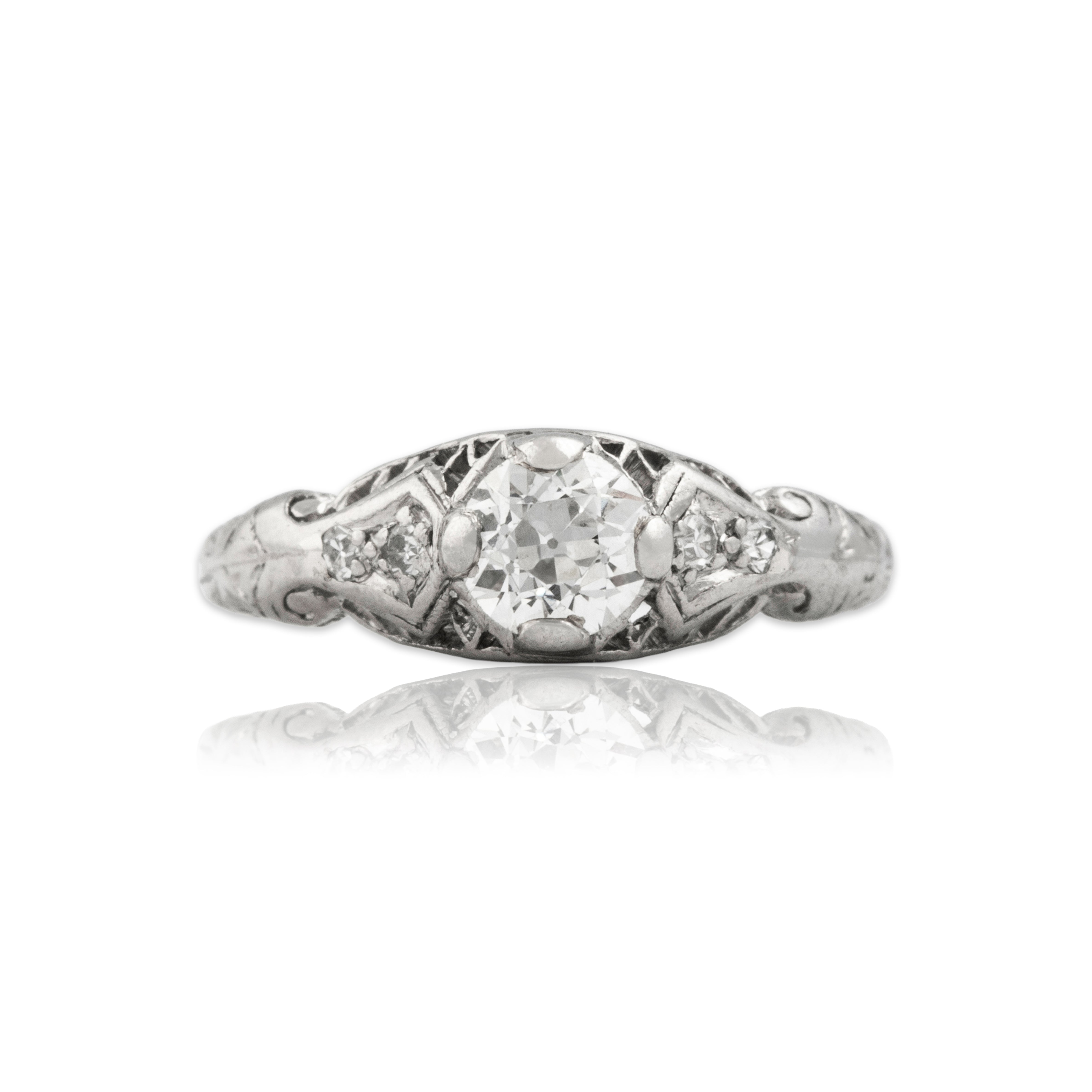Antique Art Deco Platinum .54ct Old Mine Cut Diamond Openwork Set Solitaire Ring - Close-up view