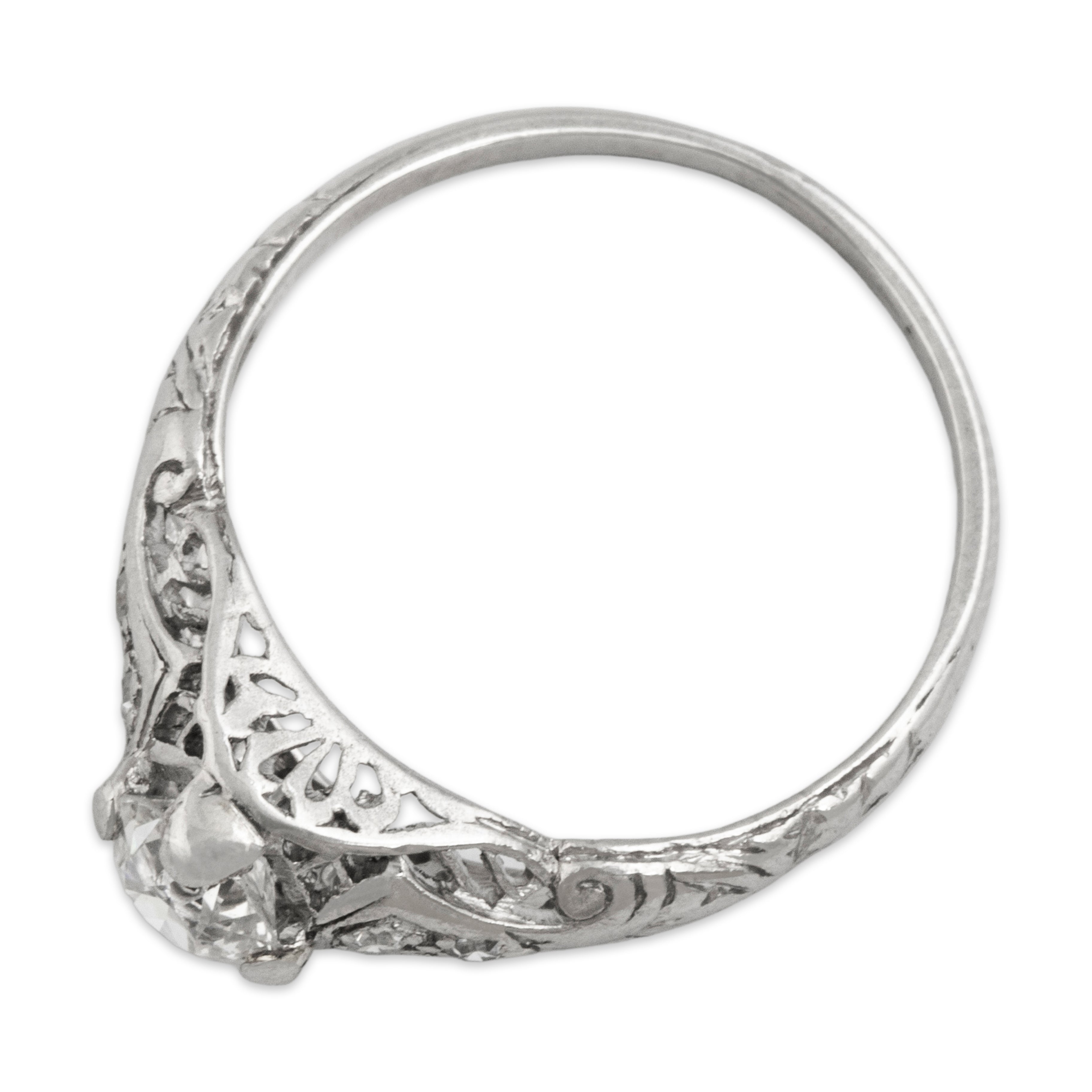 Antique Art Deco Platinum .54ct Old Mine Cut Diamond Openwork Set Solitaire Ring - Overall view