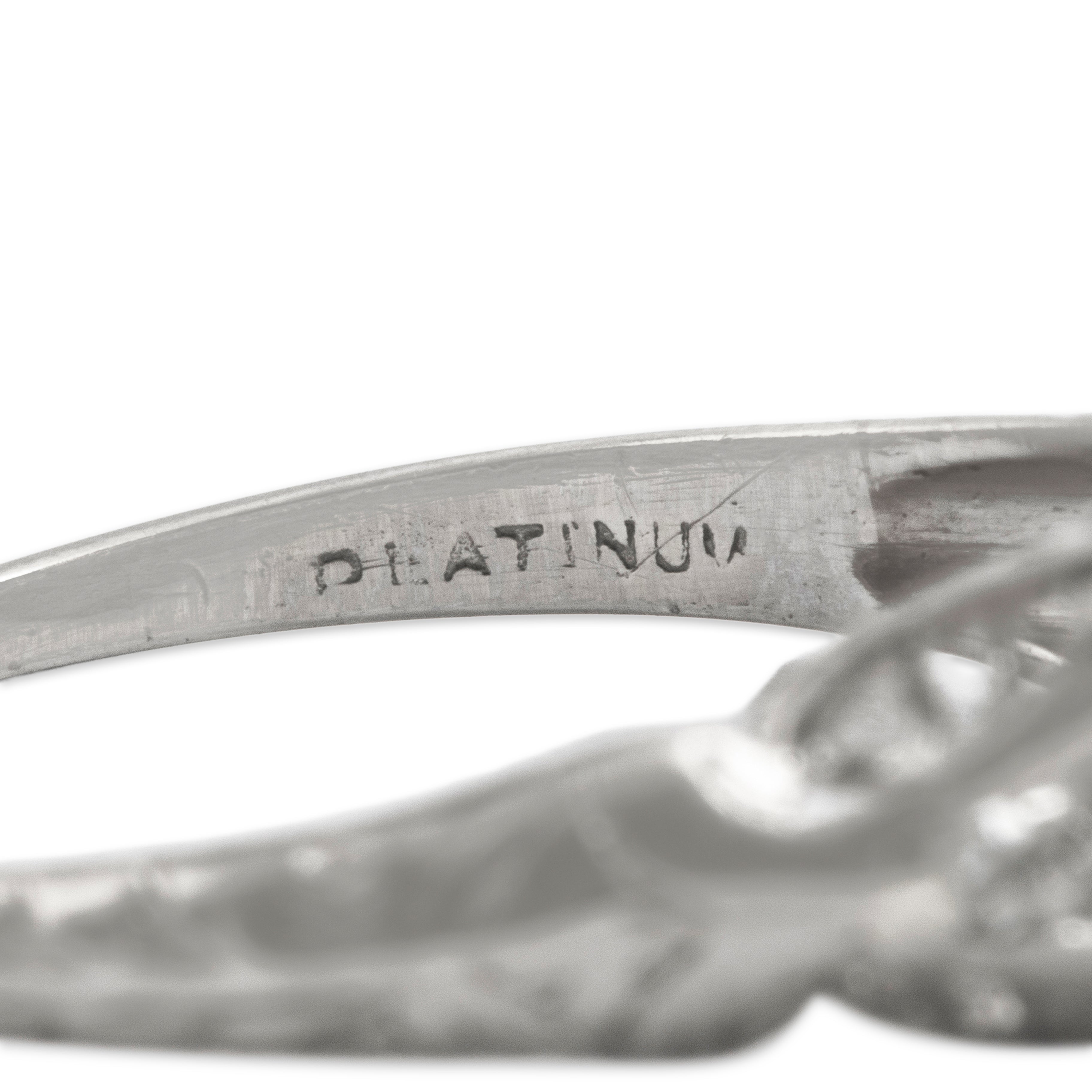 Antique Art Deco Platinum .54ct Old Mine Cut Diamond Openwork Set Solitaire Ring - Hallmark view