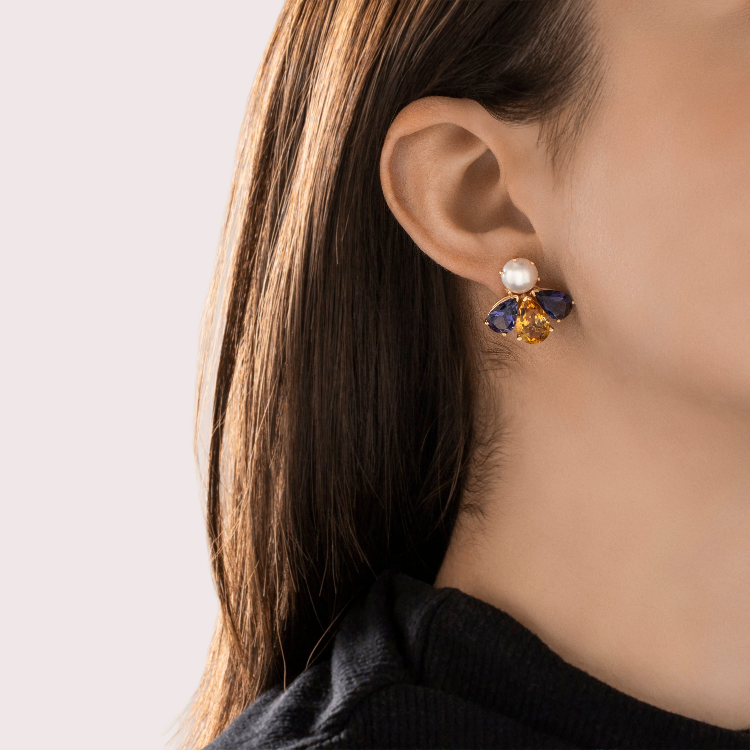 Large Vintage 14k Yellow Gold 5.8cttw Iolite 5.13cttw Citrine Pearl Bold Omega-Back Pear Trio Stud Earrings - On model view