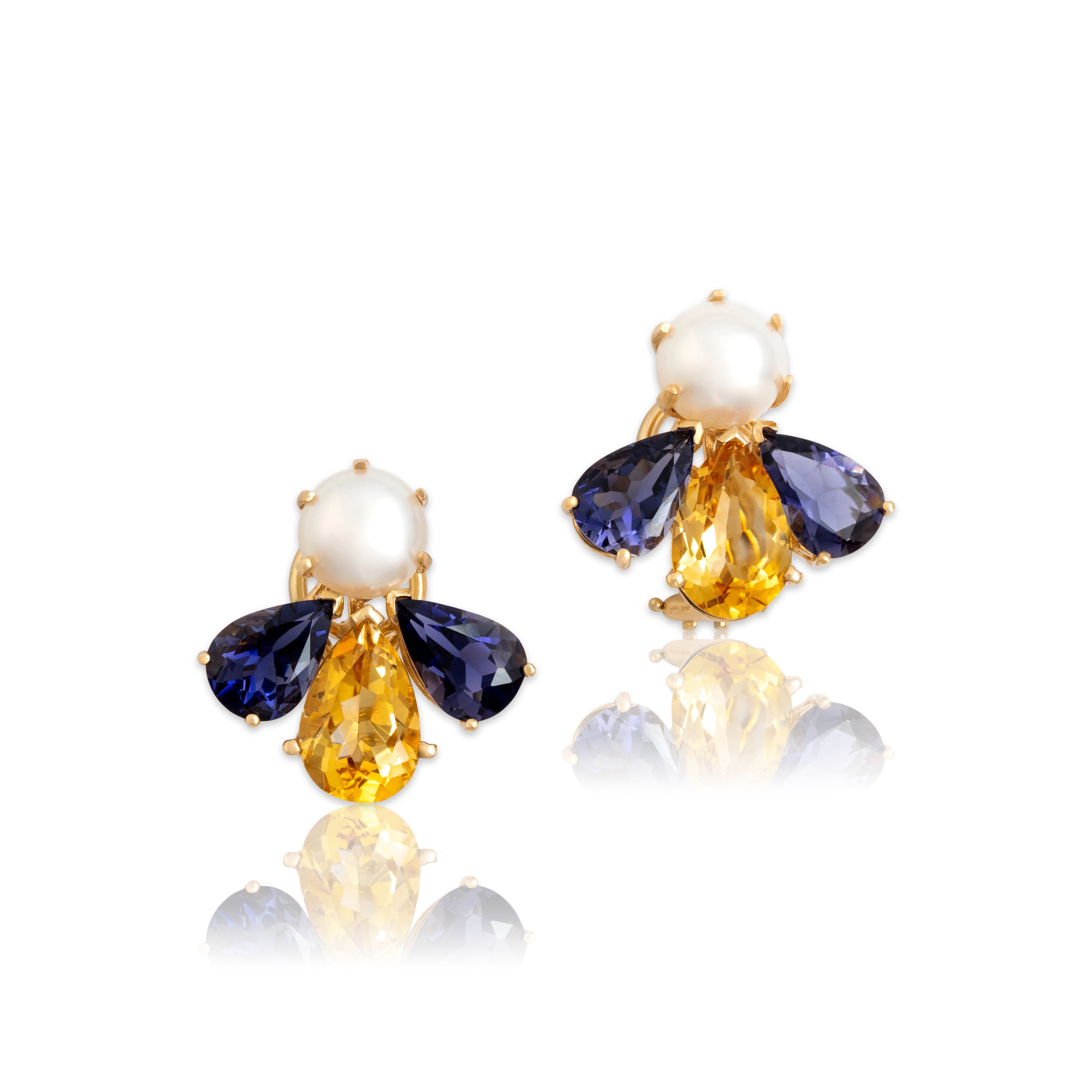 Large Vintage 14k Yellow Gold 5.8cttw Iolite 5.13cttw Citrine Pearl Bold Omega-Back Pear Trio Stud Earrings - Close-up view