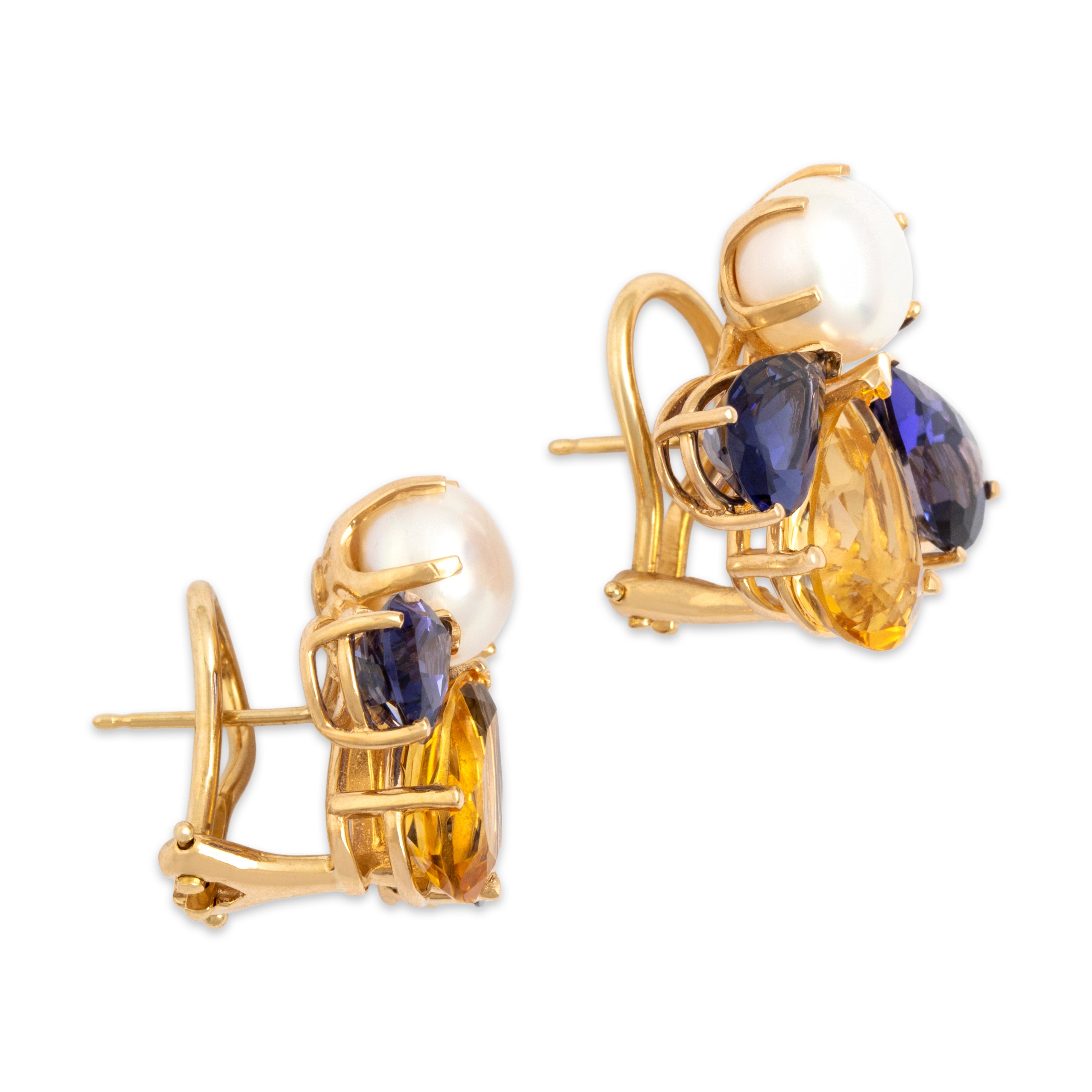Large Vintage 14k Yellow Gold 5.8cttw Iolite 5.13cttw Citrine Pearl Bold Omega-Back Pear Trio Stud Earrings - Side view