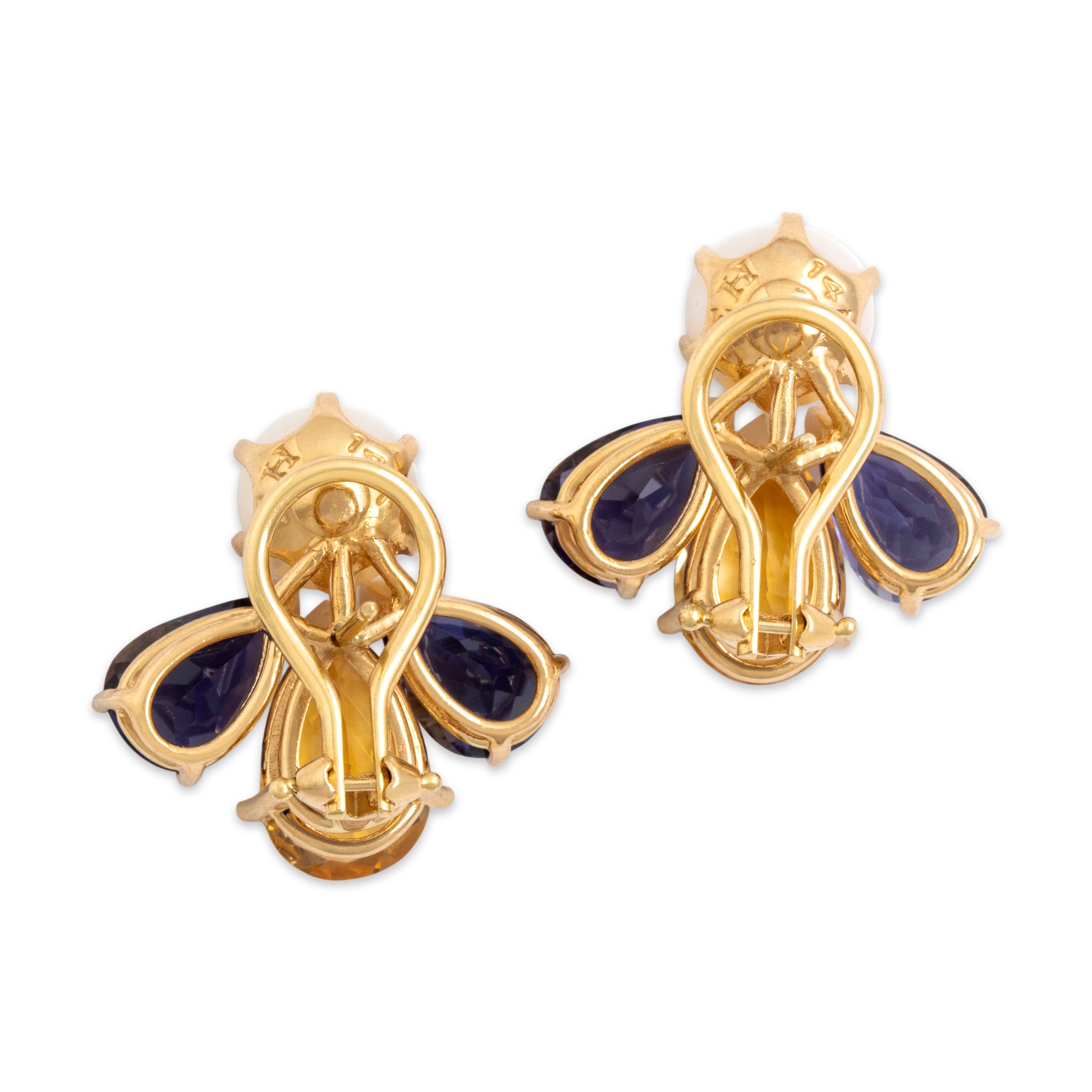 Large Vintage 14k Yellow Gold 5.8cttw Iolite 5.13cttw Citrine Pearl Bold Omega-Back Pear Trio Stud Earrings - Back view