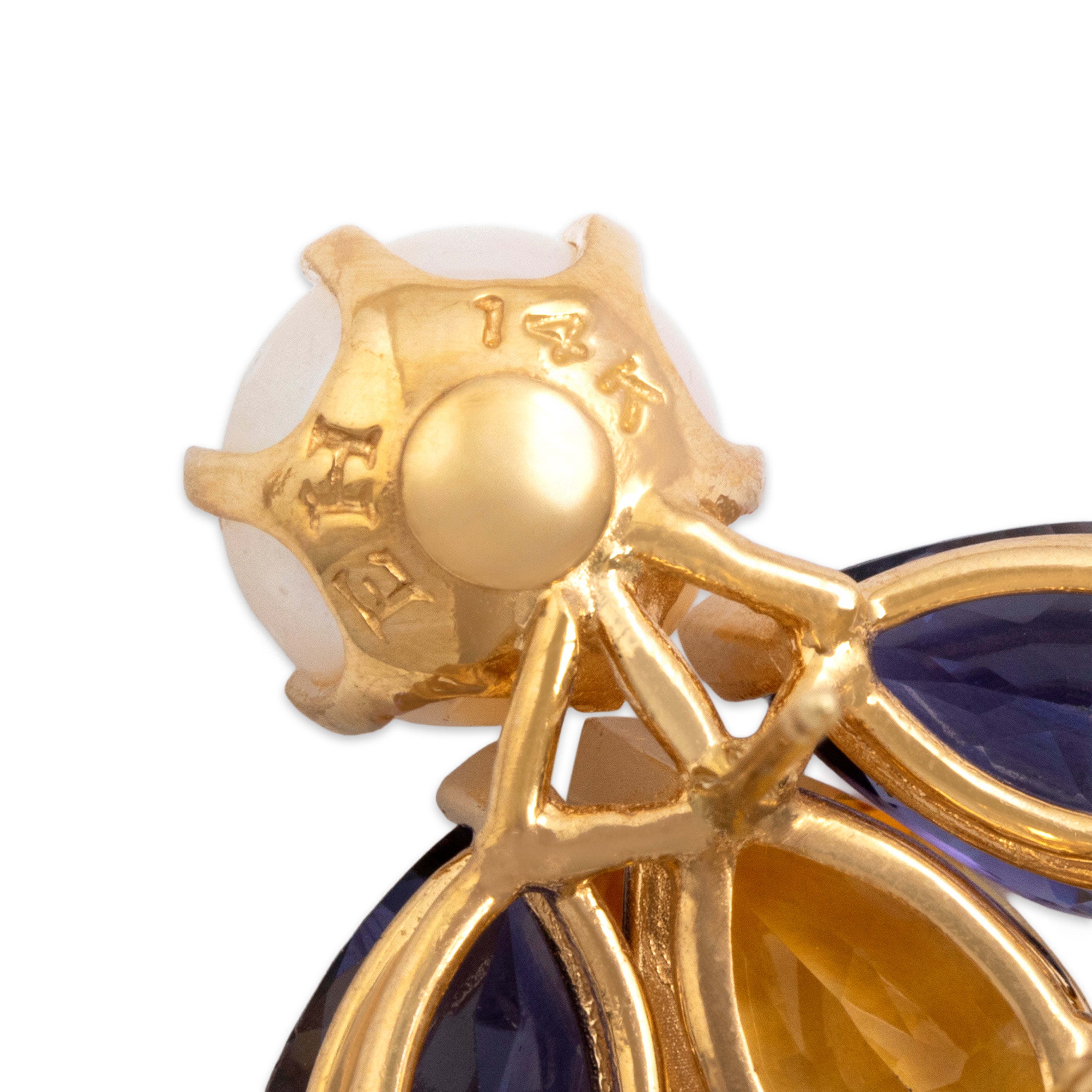 Large Vintage 14k Yellow Gold 5.8cttw Iolite 5.13cttw Citrine Pearl Bold Omega-Back Pear Trio Stud Earrings - Hallmark view