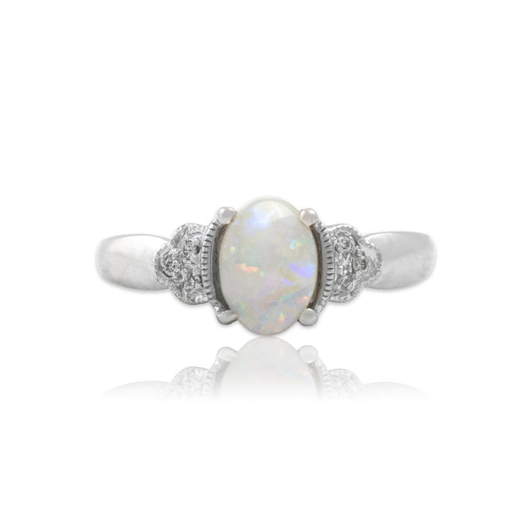 Vintage 14k White Gold .62ct Opal Diamond Pretty Decorated Shoulder Ring 8.5