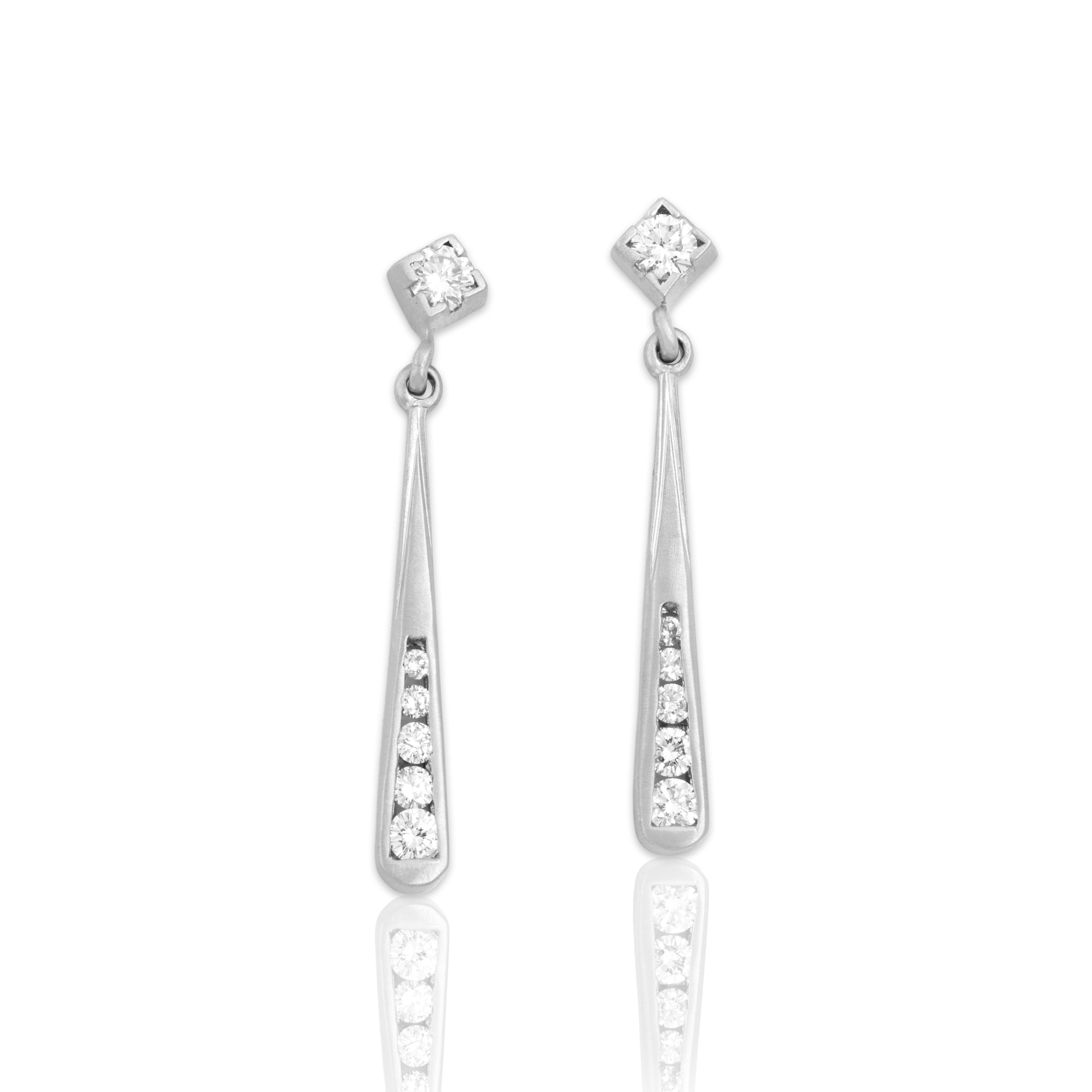 Vintage 14k White Gold .59cttw Diamond Brushed Channel Bar Drop Dangle Earrings - Close-up view