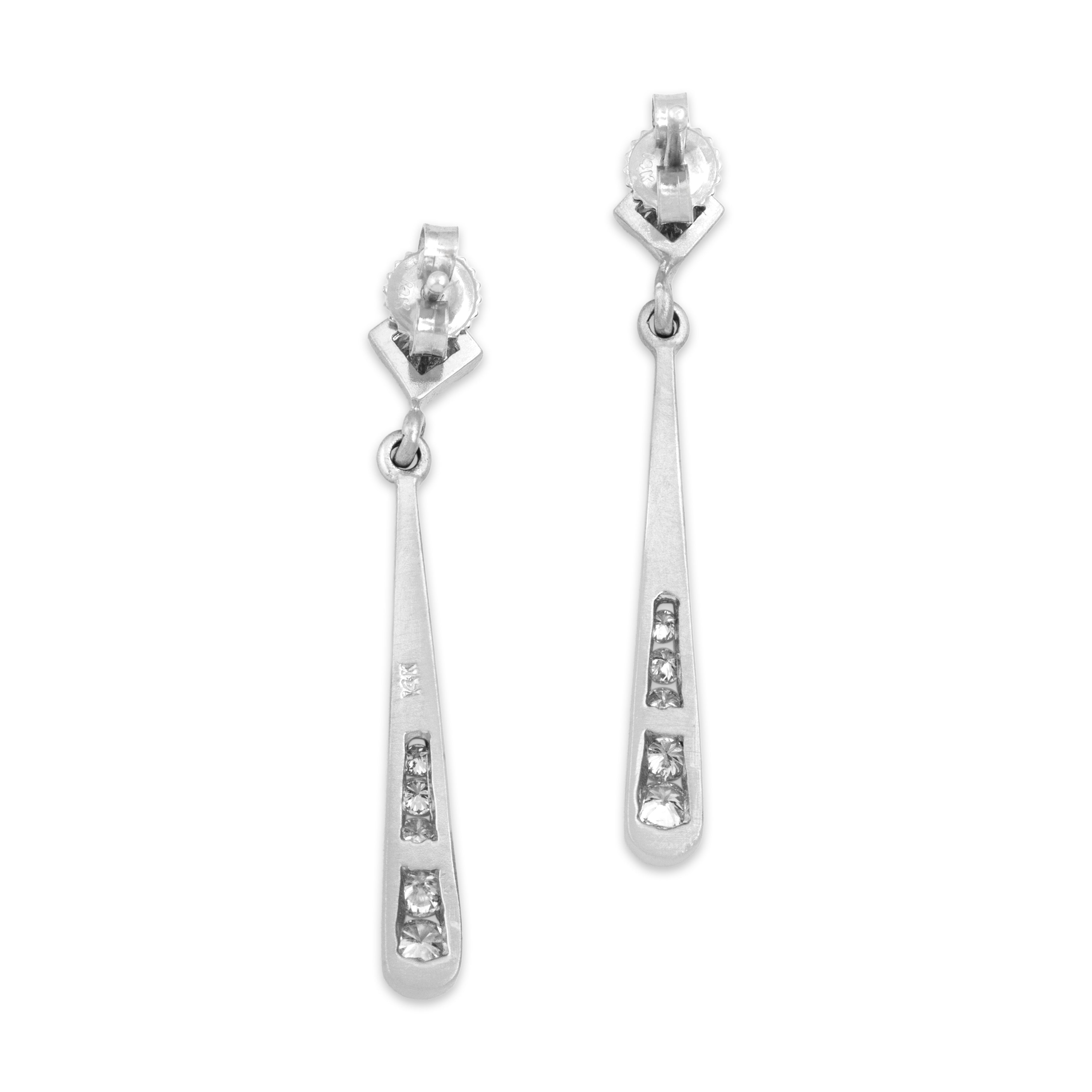 Vintage 14k White Gold .59cttw Diamond Brushed Channel Bar Drop Dangle Earrings - Back view