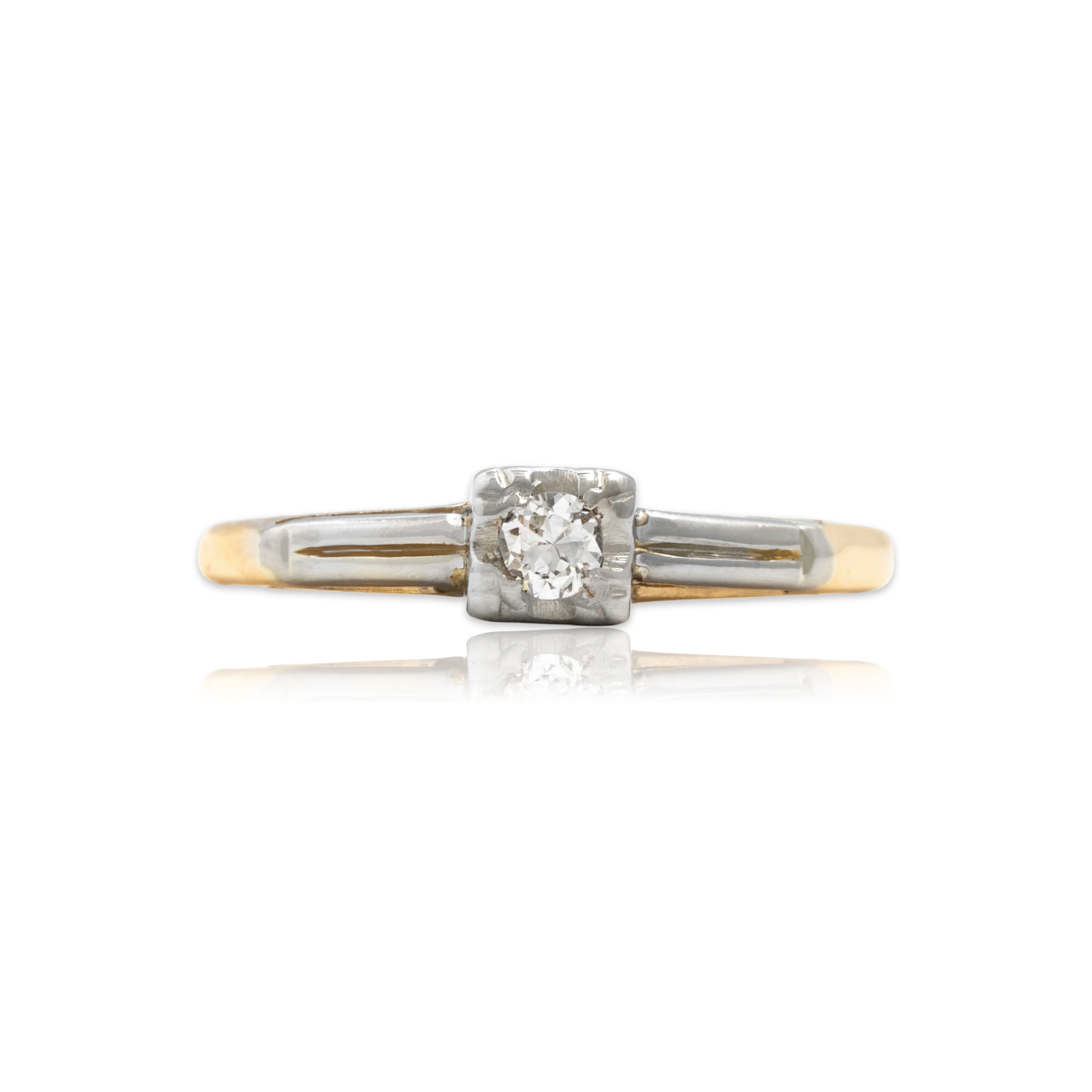 Vintage 14k Yellow & White Gold Old European Cut Diamond Sparkling Square-Set Solitaire Ring - Close-up view