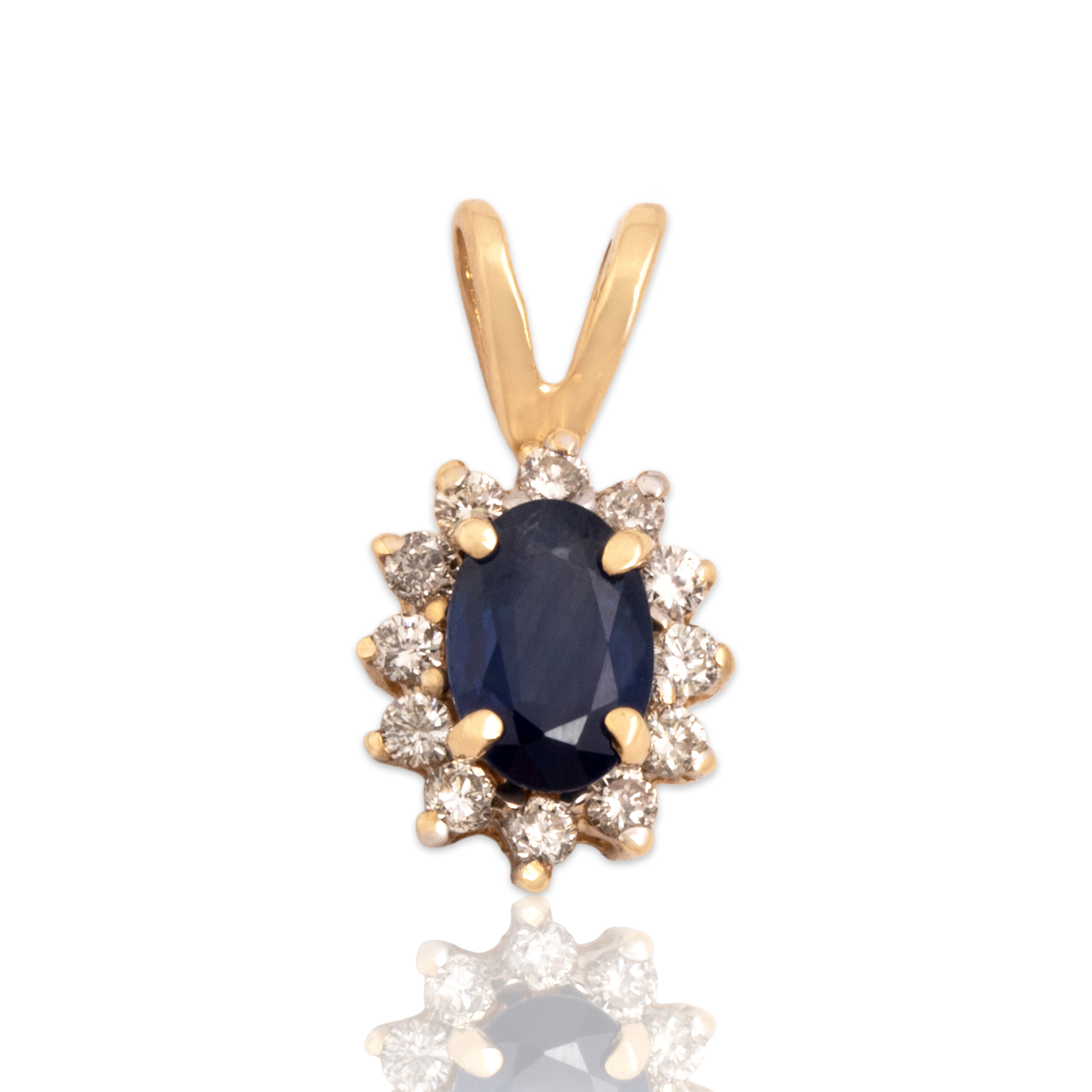 Vintage Small 14k Yellow Gold .5ct Blue Sapphire Diamond Classic Oval Halo Pendant - Close-up view
