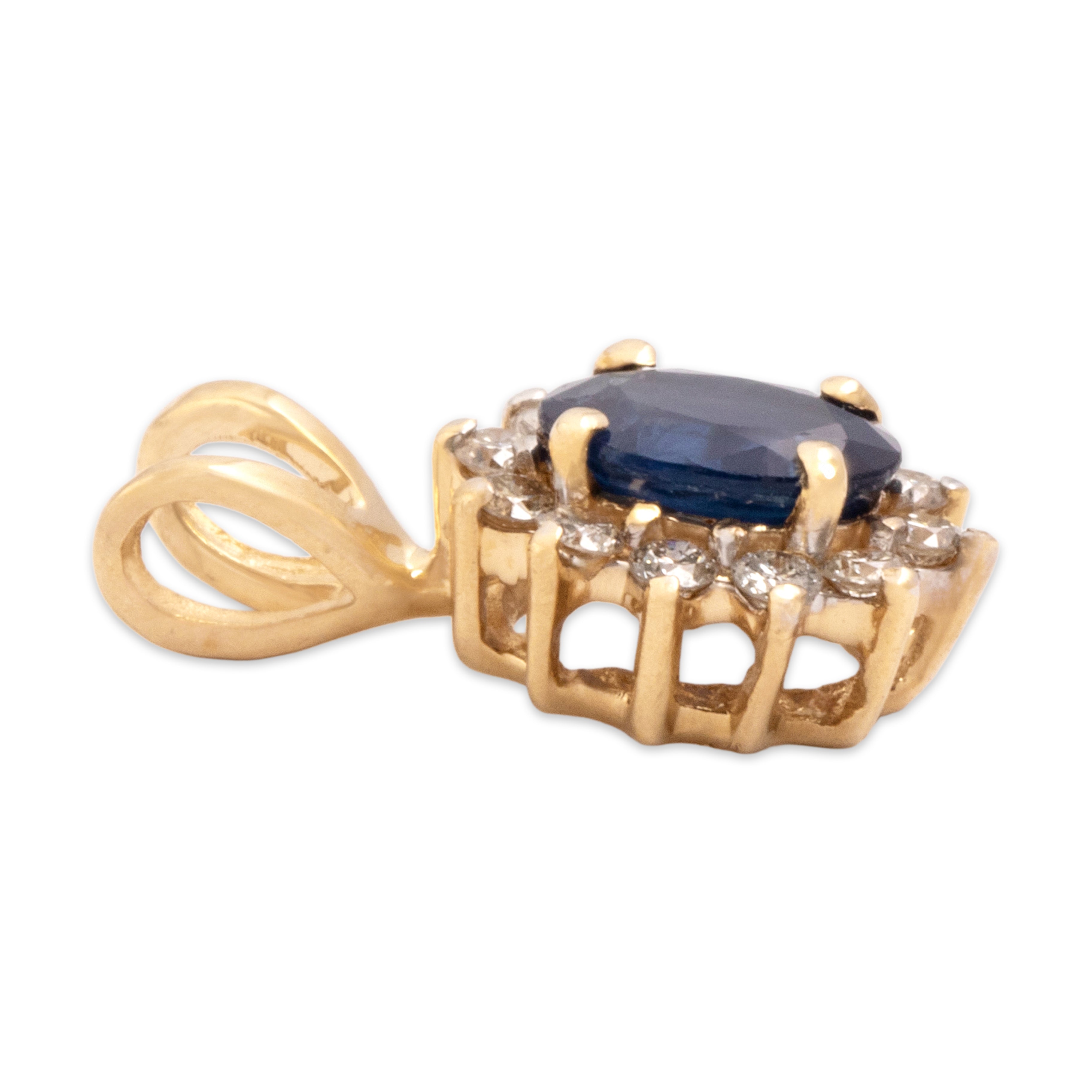 Vintage Small 14k Yellow Gold .5ct Blue Sapphire Diamond Classic Oval Halo Pendant - Side view