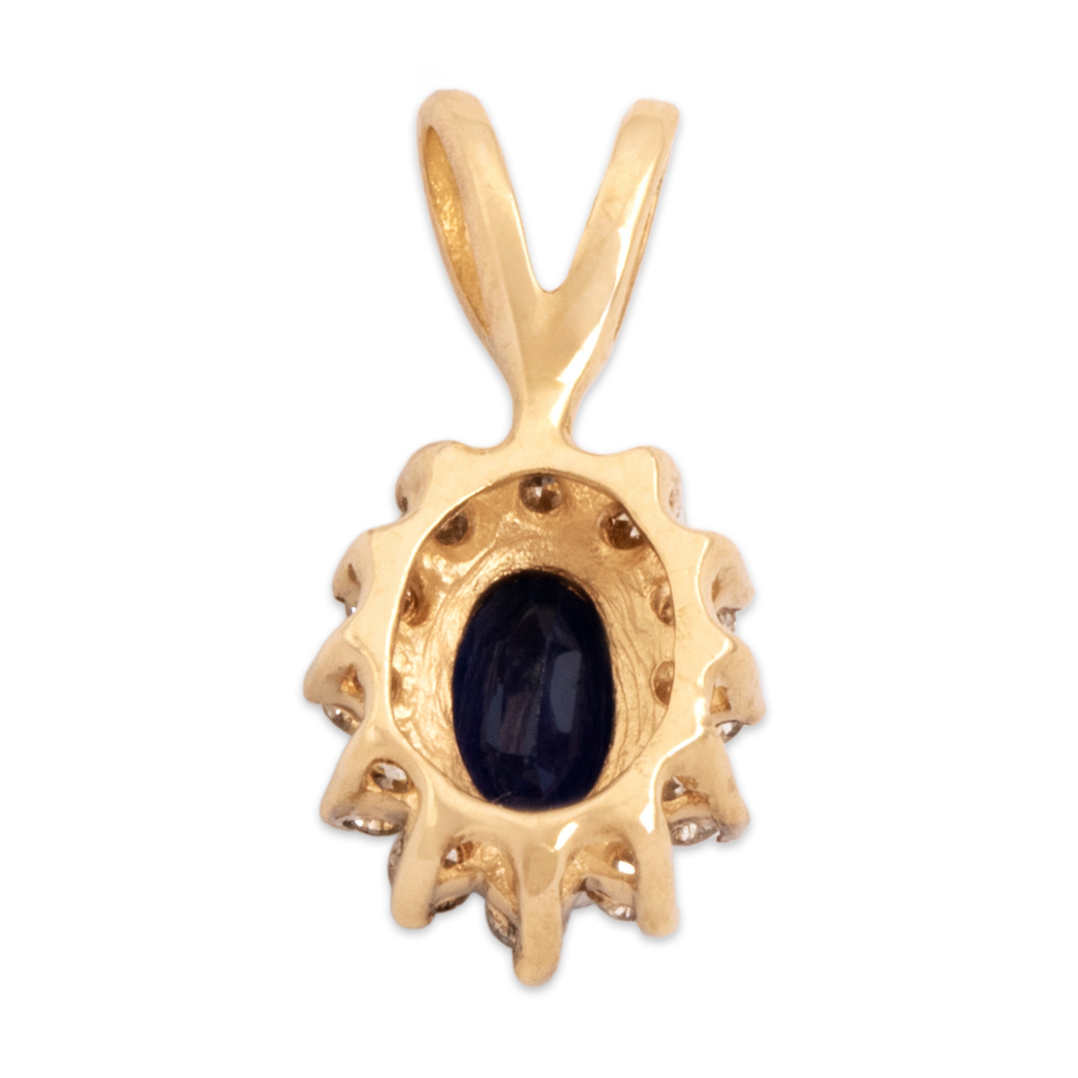 Vintage Small 14k Yellow Gold .5ct Blue Sapphire Diamond Classic Oval Halo Pendant - Back view