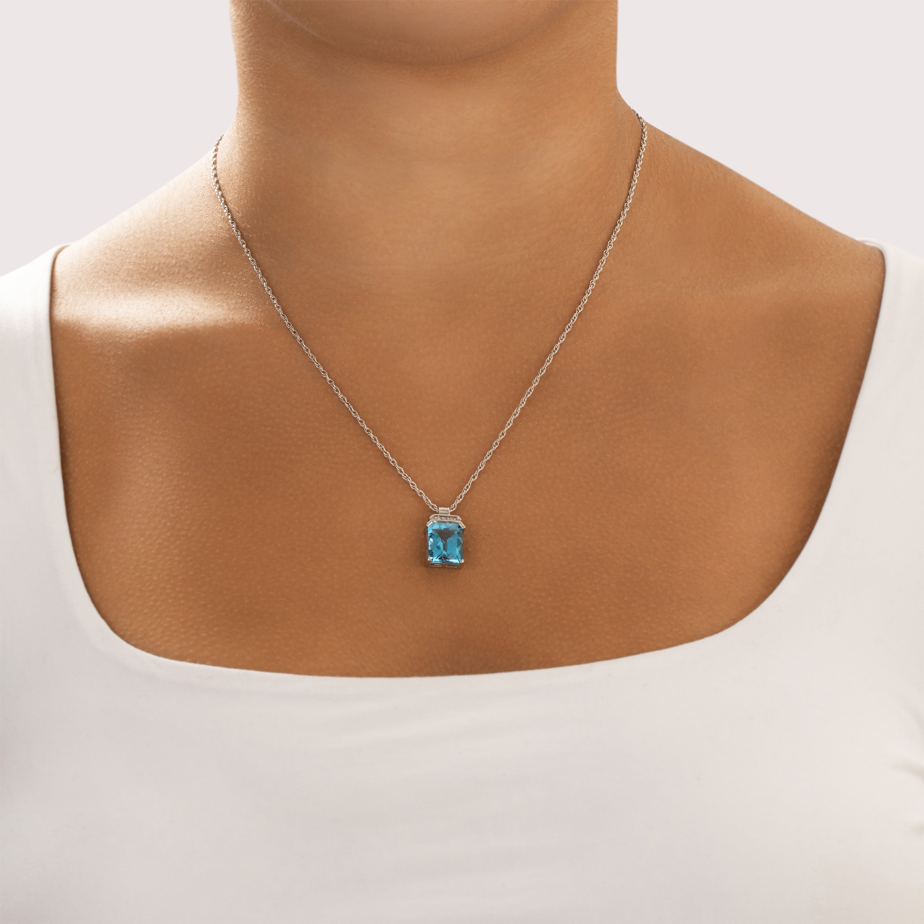 Vintage 10k White Gold 7.35ct Blue Topaz Diamond Vivid Checkerboard Rectangular Pendant - On model view