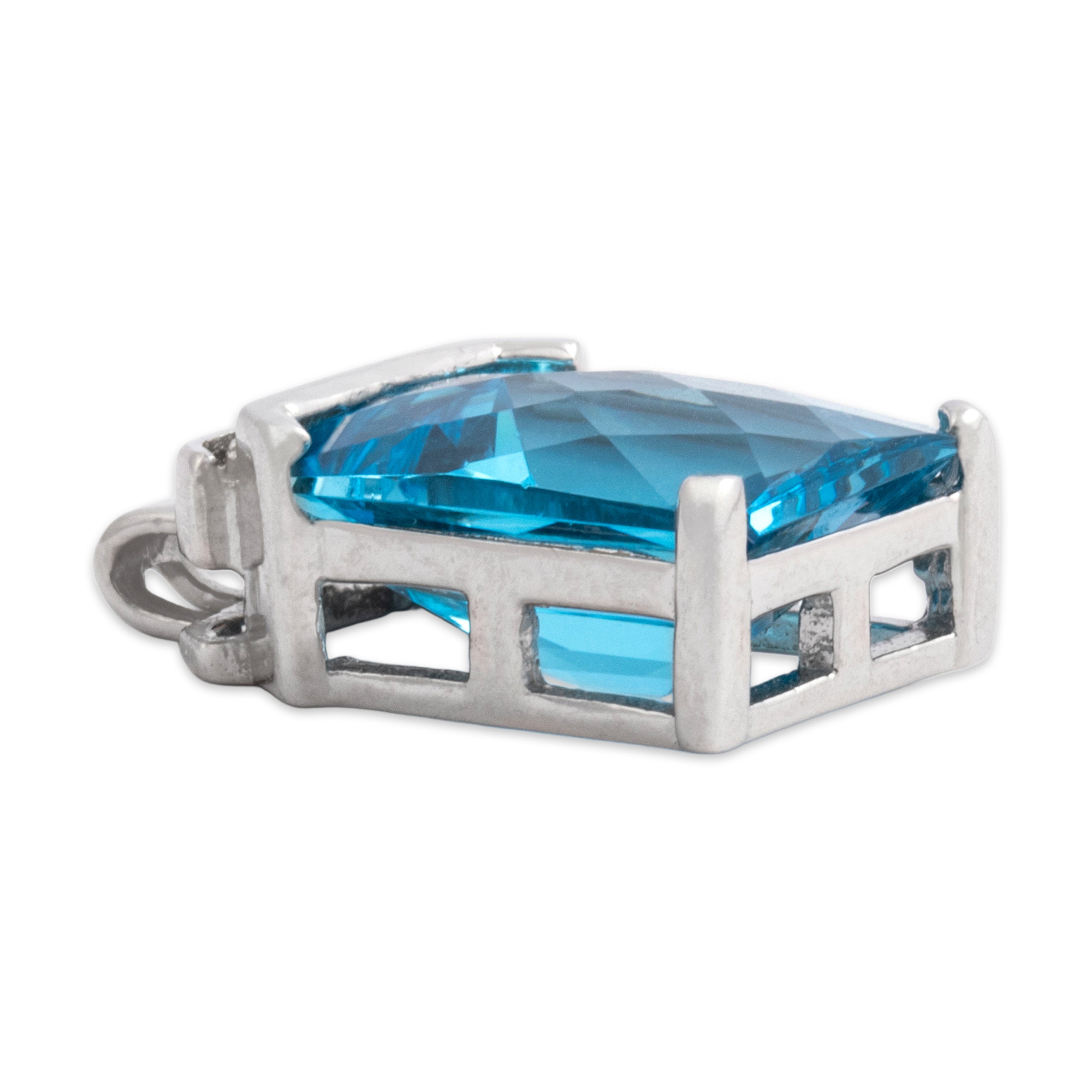 Vintage 10k White Gold 7.35ct Blue Topaz Diamond Vivid Checkerboard Rectangular Pendant - Side view