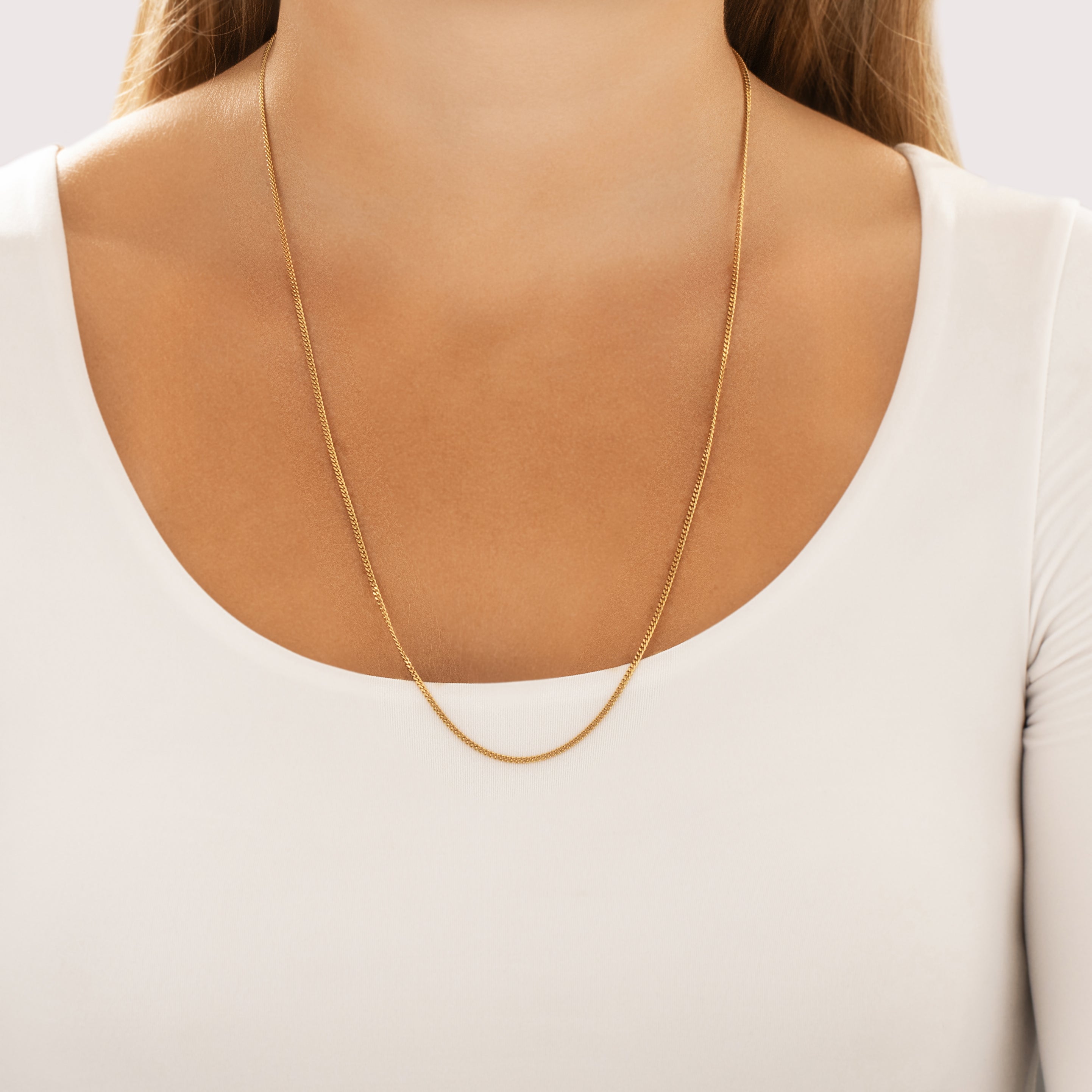 Vintage Substantial 18k Yellow Gold 1.8mm Sleek Long Curb Chain - On model view
