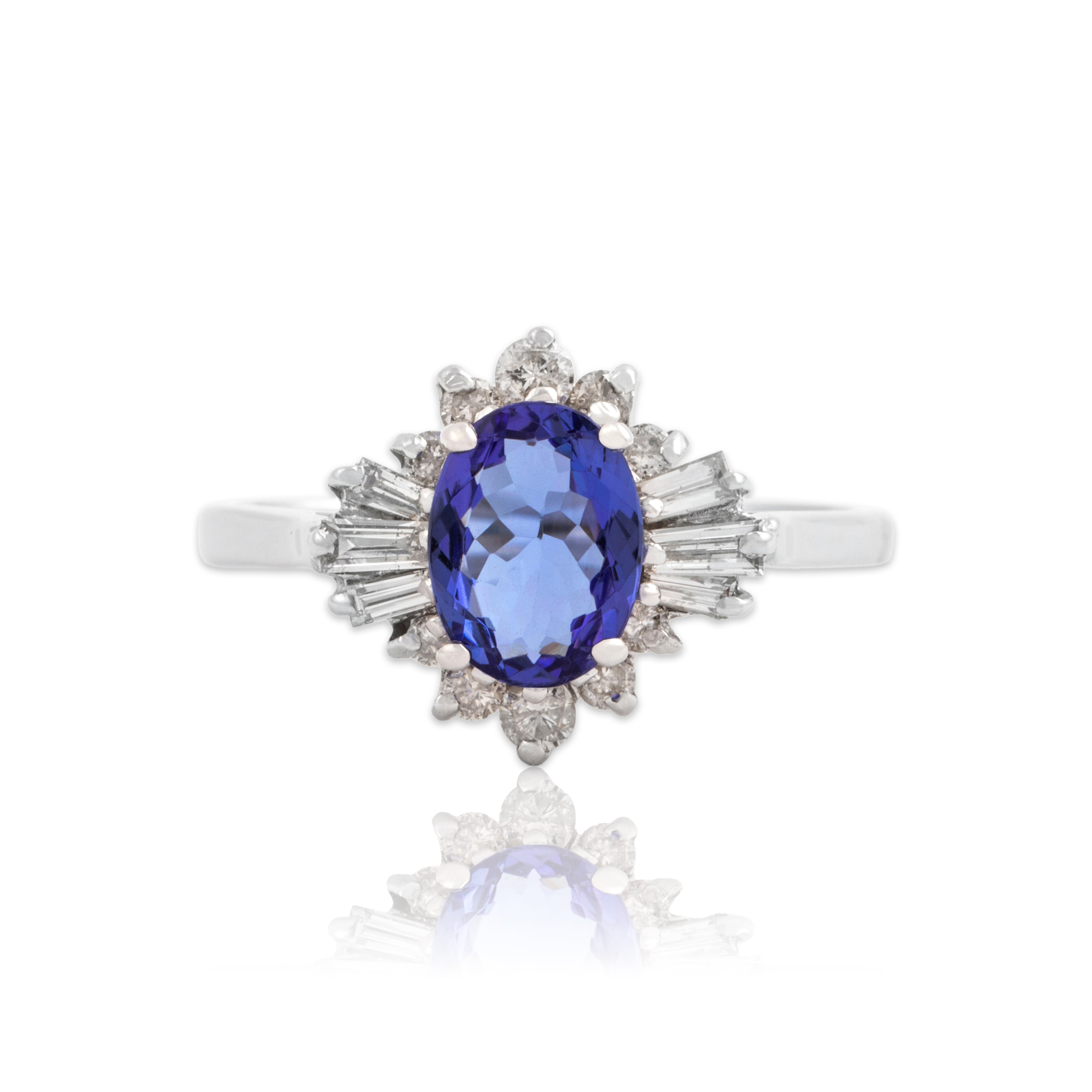 Vintage 14k White Gold 1.09ct Tanzanite Diamond Dynamic Starburst Halo Ring - Close-up view
