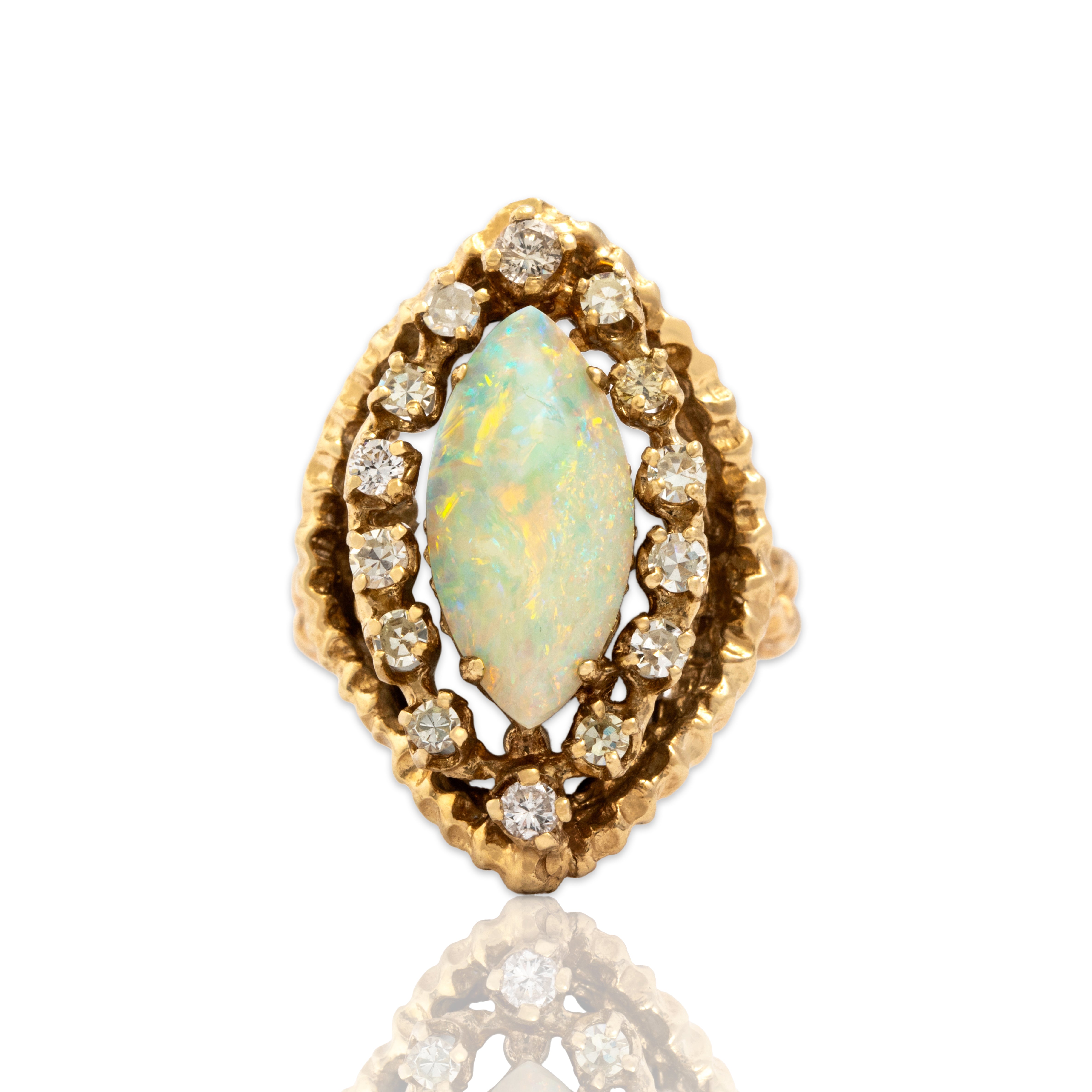 Vintage 14k Yellow Gold 2.48ct Opal .55cttw Diamond Brutalist Tall Halo Ring 7.00