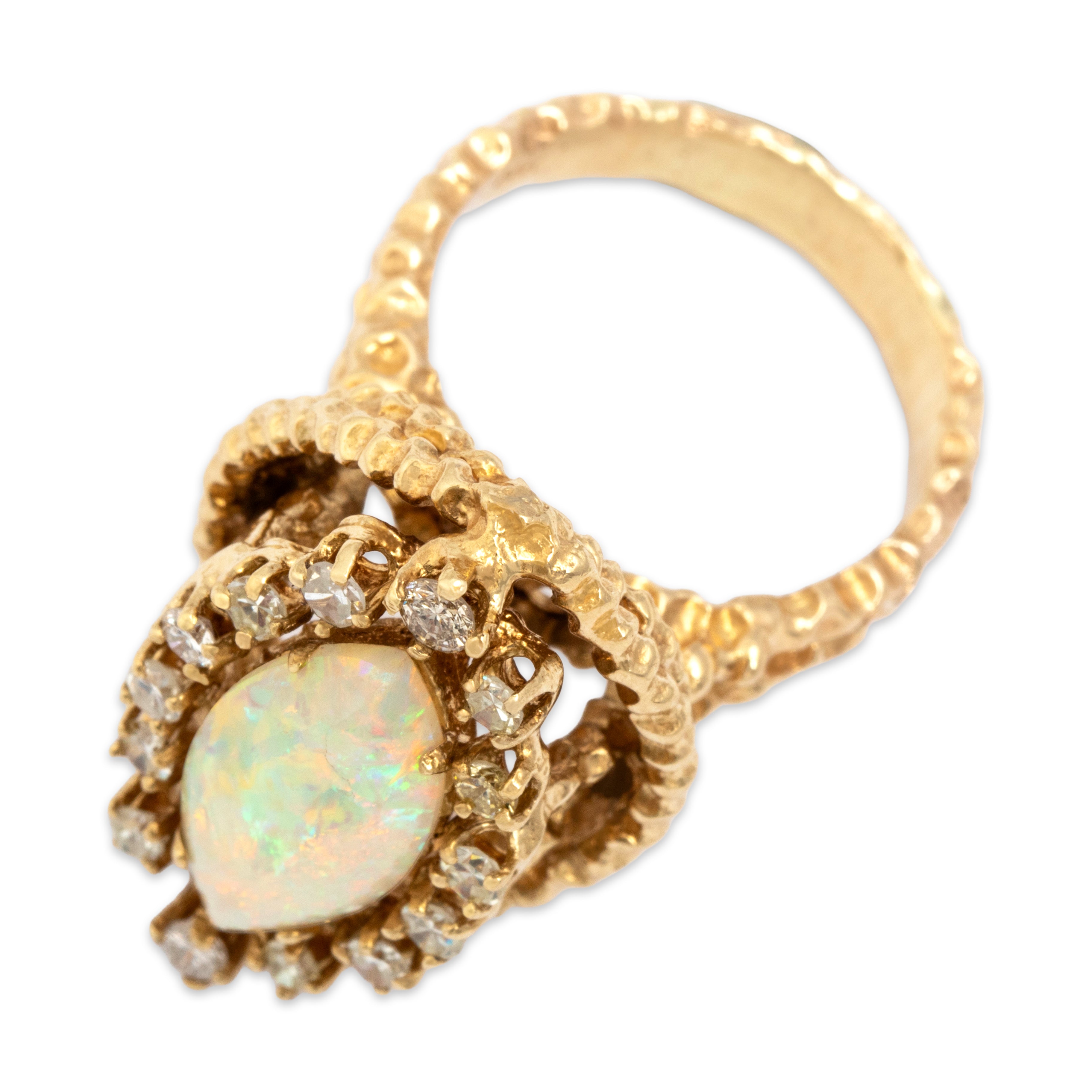 Vintage Tall Large 14k Yellow Gold 2.48ct Opal .55cttw Diamond Brutalist Textured Navette Halo Statement Ring - Overall view