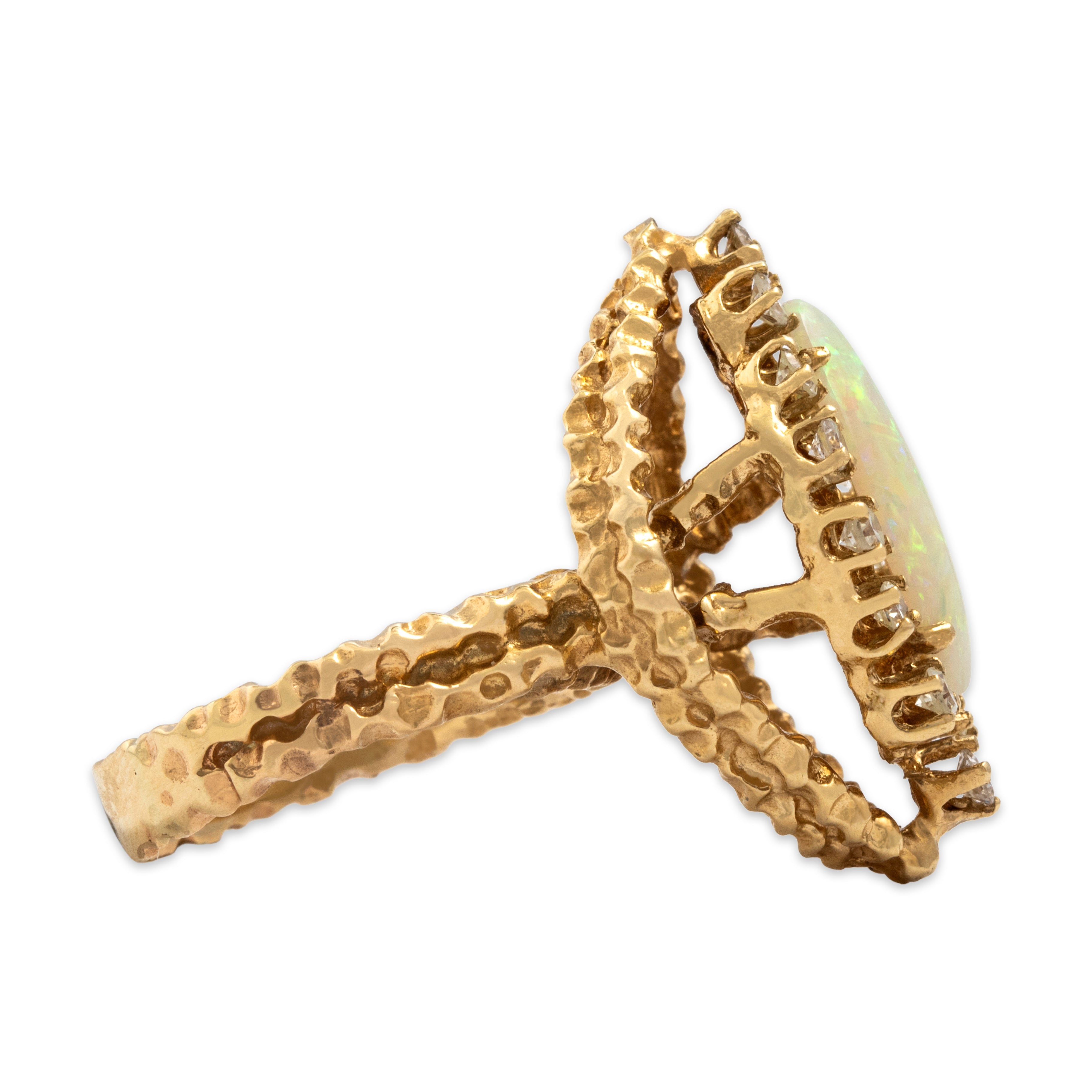 Vintage Tall Large 14k Yellow Gold 2.48ct Opal .55cttw Diamond Brutalist Textured Navette Halo Statement Ring - Side view