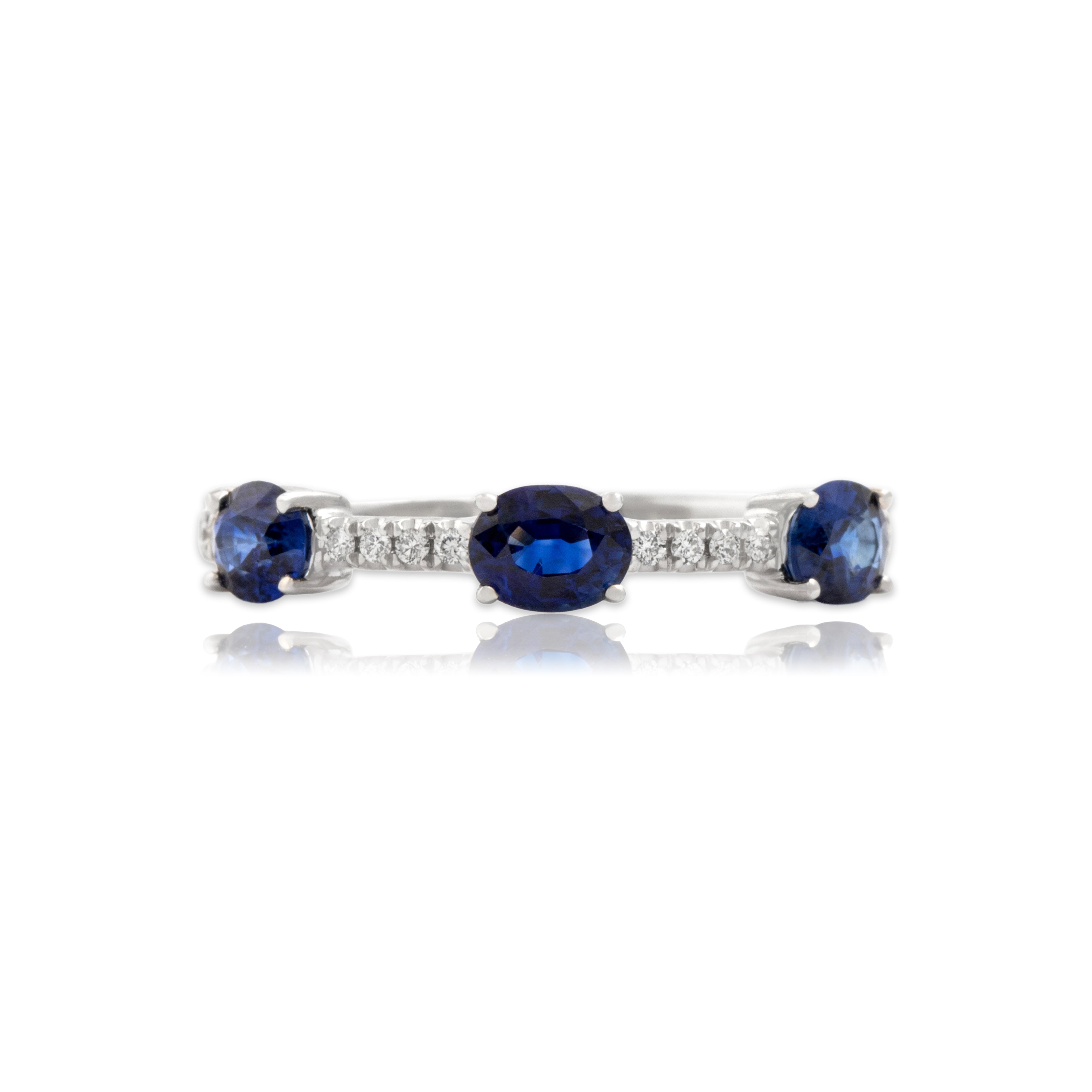 Estate 14k White Gold .86cttw Blue Sapphire Diamond Vibrant East-West Trio Band Ring - Close-up view