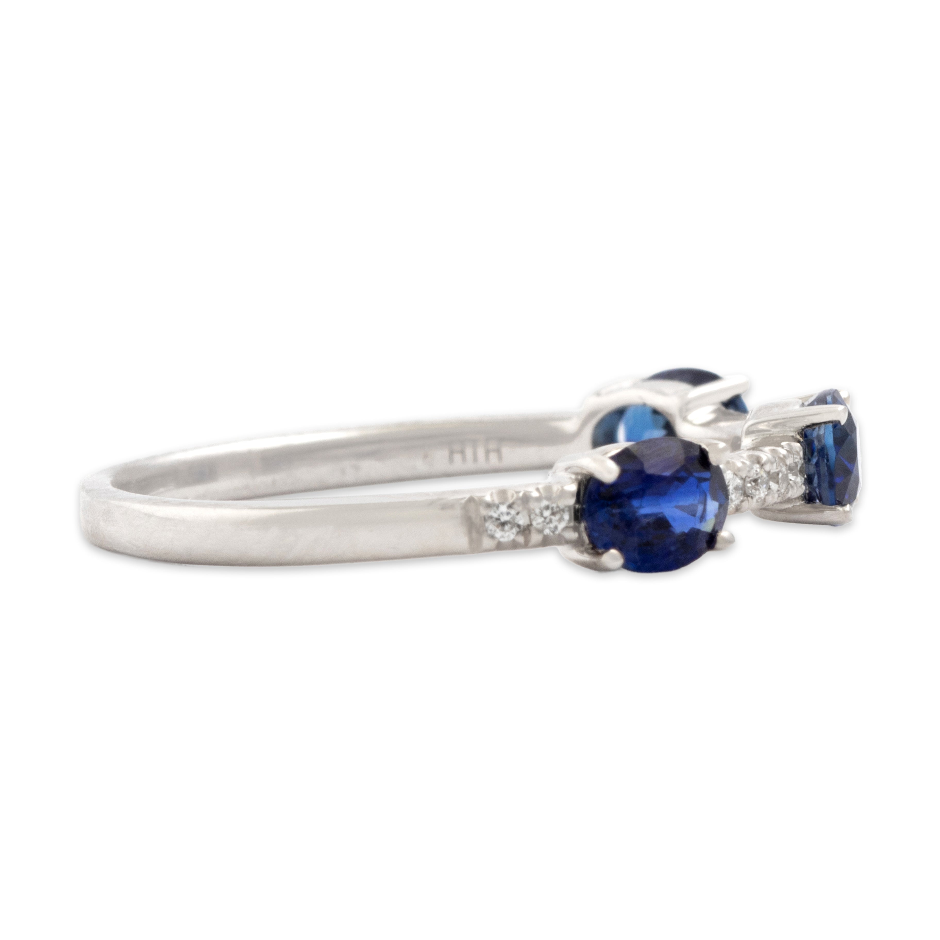 Estate 14k White Gold .86cttw Blue Sapphire Diamond Vibrant East-West Trio Band Ring - Side view