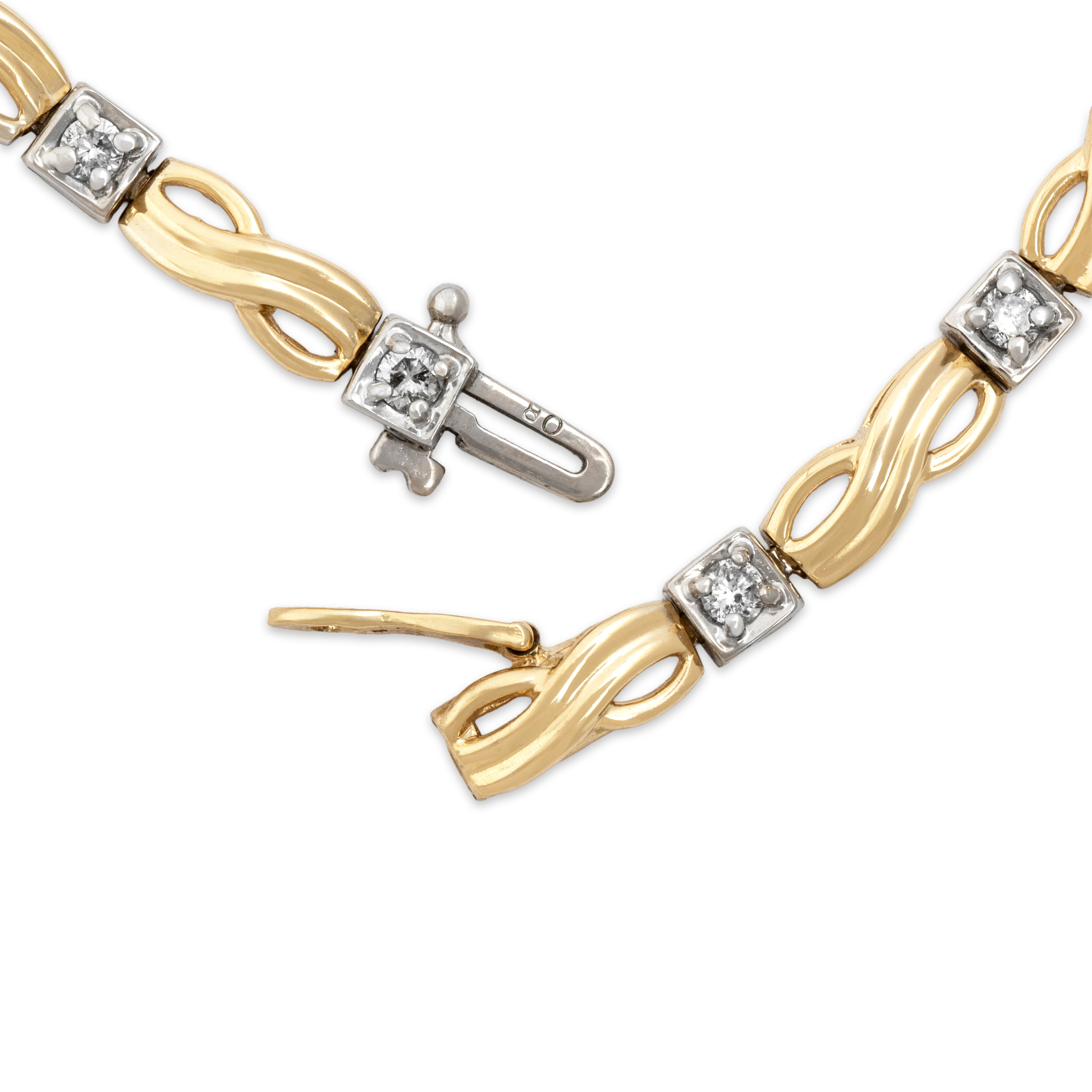 Vintage 14k Yellow & White Gold .56cttw Diamond Infinity Link Square Station Bracelet - clasp view