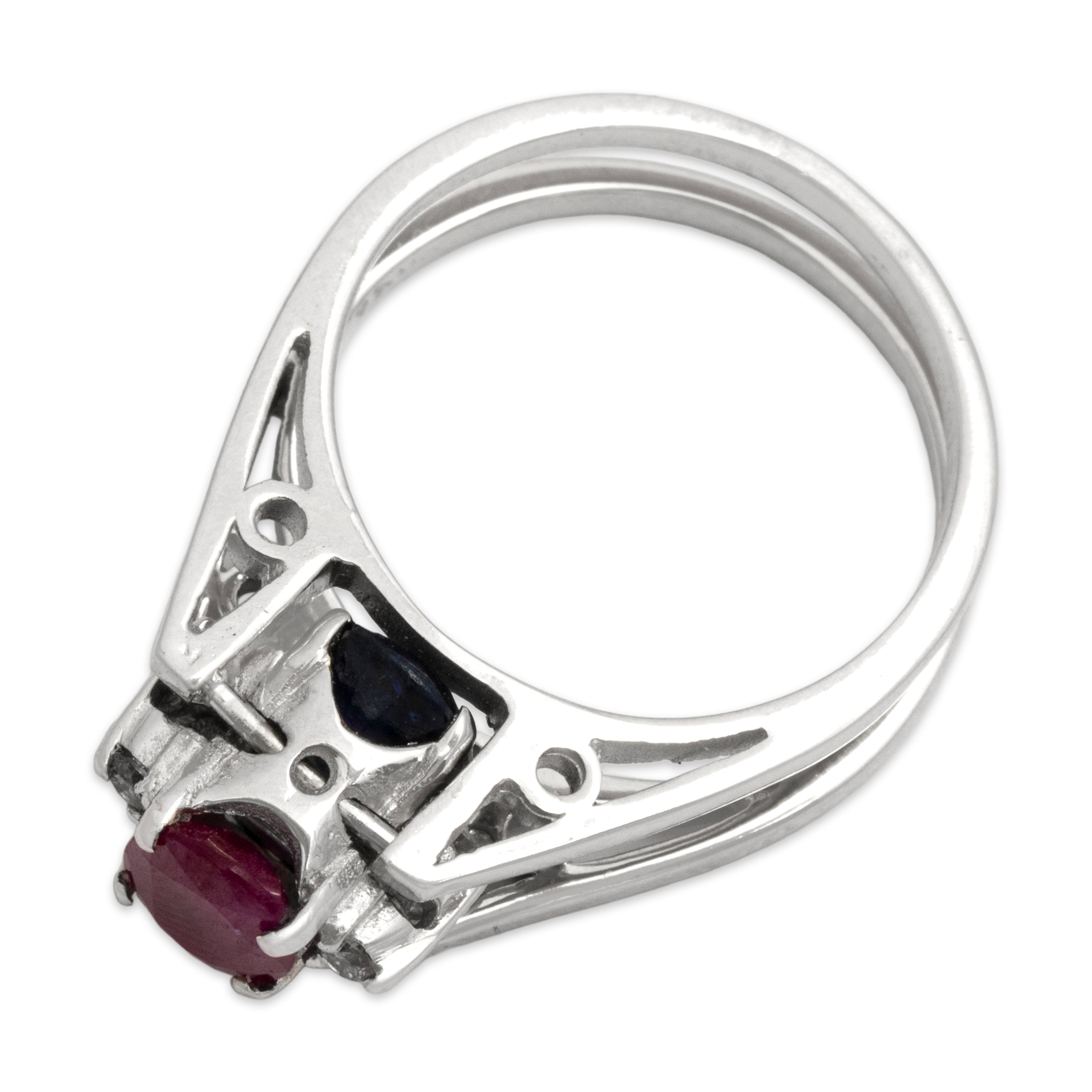 Vintage 18k White Gold Blue Sapphire Ruby Diamond Unusual Double-Sided Flipping Ring - detail view #3