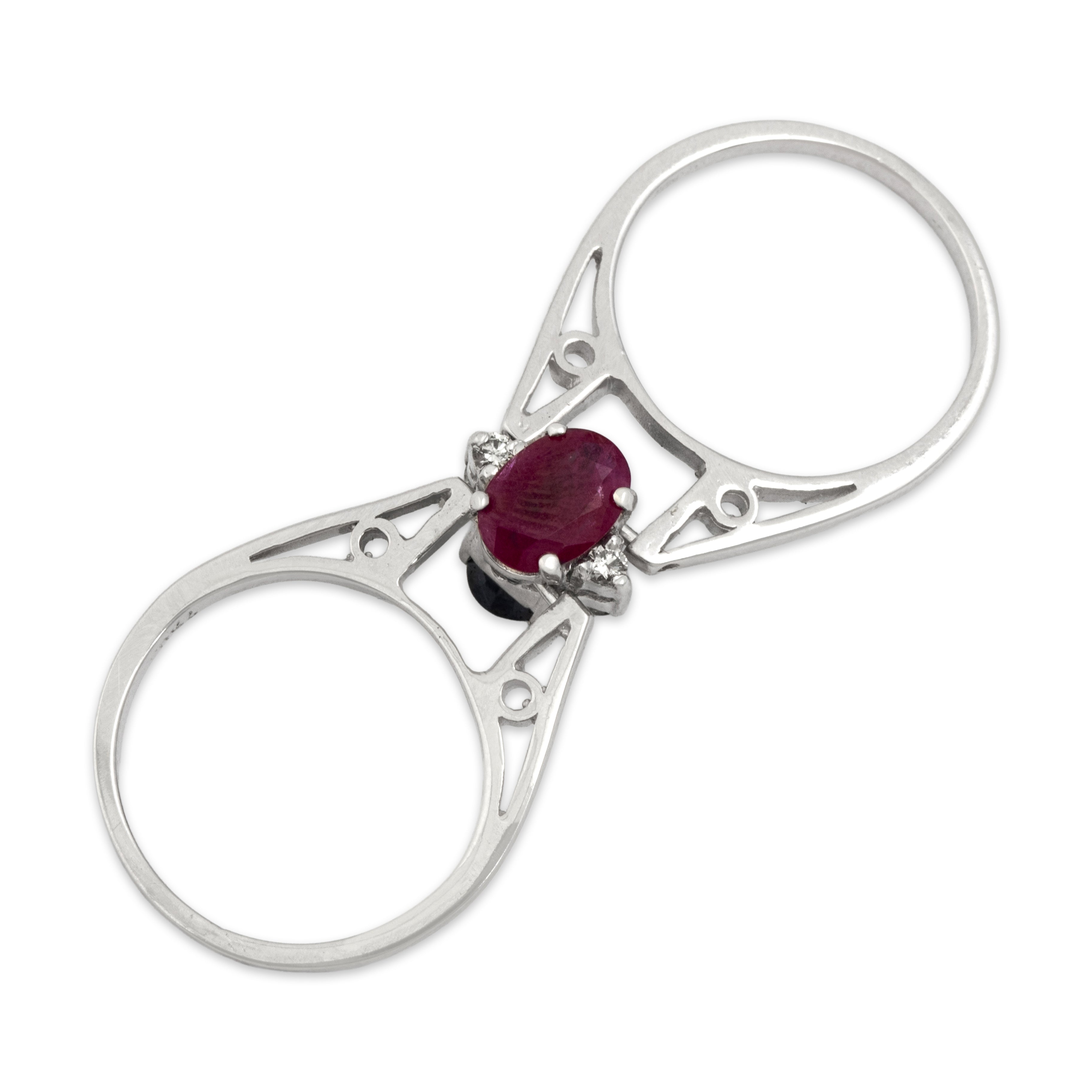 Vintage 18k White Gold Blue Sapphire Ruby Diamond Unusual Double-Sided Flipping Ring - detail view #1